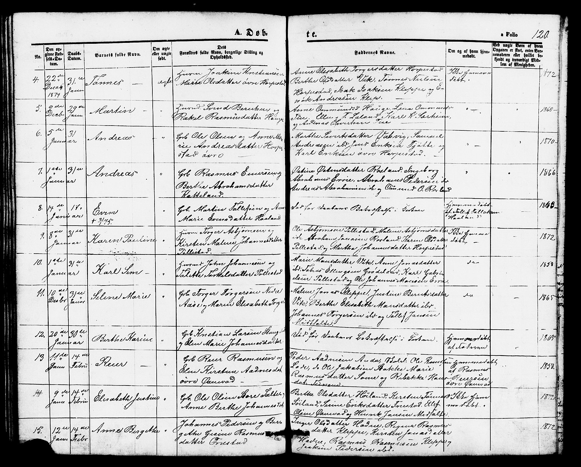 Klepp sokneprestkontor, AV/SAST-A-101803/001/3/30BB/L0002: Klokkerbok nr. B 2, 1860-1875, s. 120