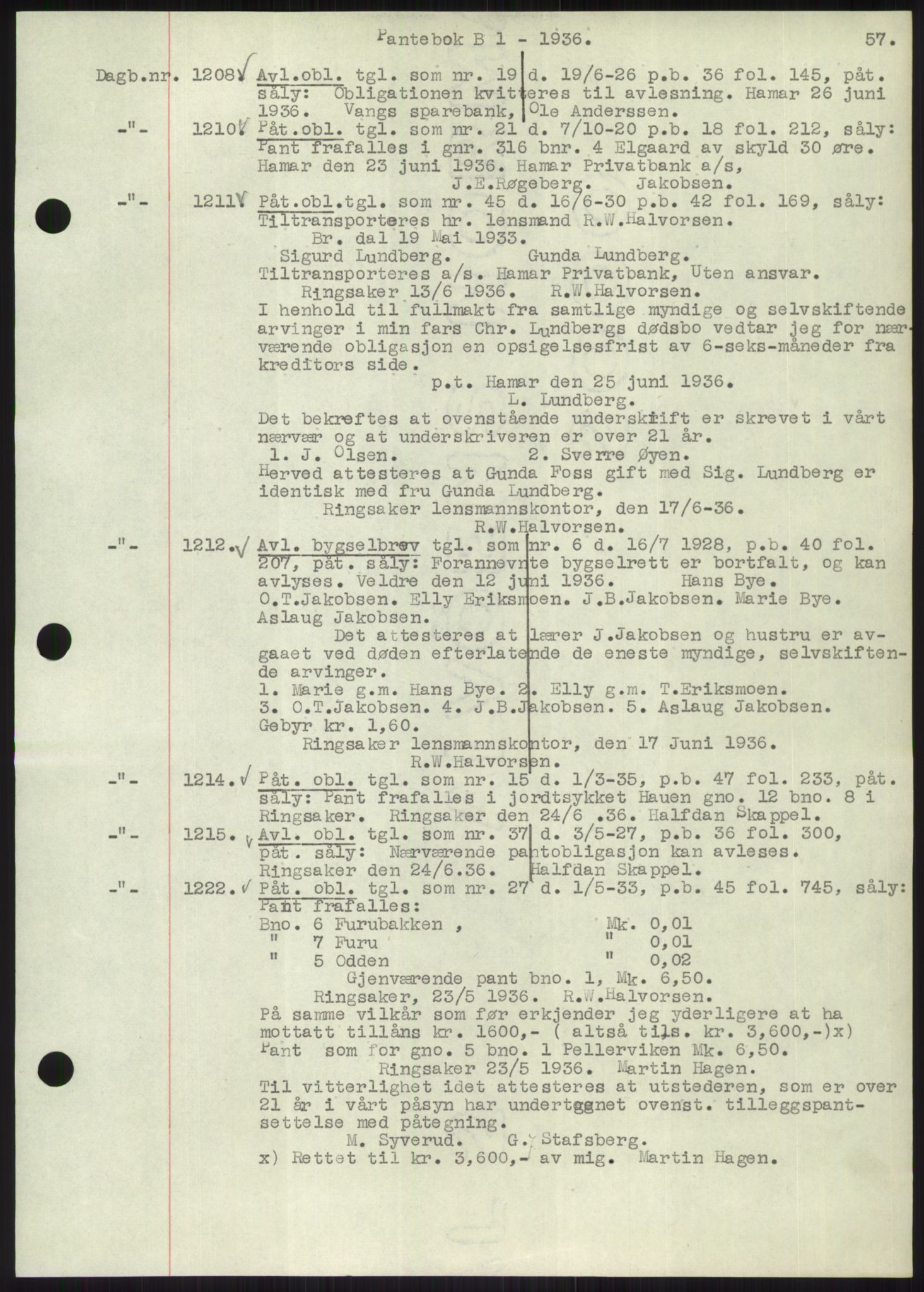 Nord-Hedmark sorenskriveri, SAH/TING-012/H/Hb/Hbf/L0001: Pantebok nr. B1, 1936-1936, Dagboknr: 1208/1936