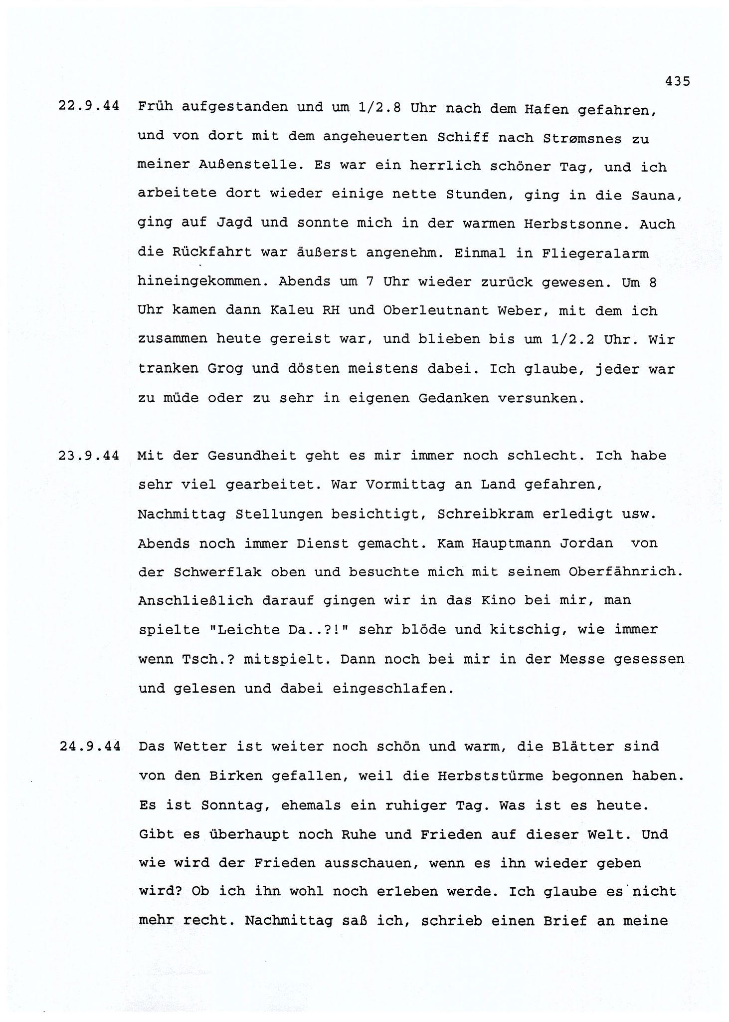 Dagbokopptegnelser av en tysk marineoffiser stasjonert i Norge , FMFB/A-1160/F/L0001: Dagbokopptegnelser av en tysk marineoffiser stasjonert i Norge, 1941-1944, s. 435