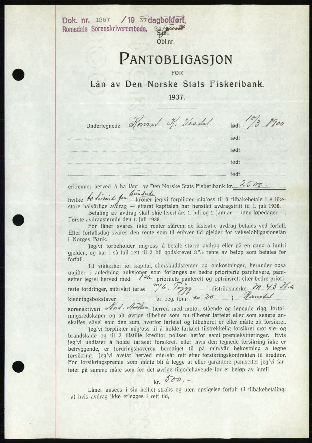Romsdal sorenskriveri, SAT/A-4149/1/2/2C: Pantebok nr. B1, 1936-1939, Dagboknr: 1257/1937