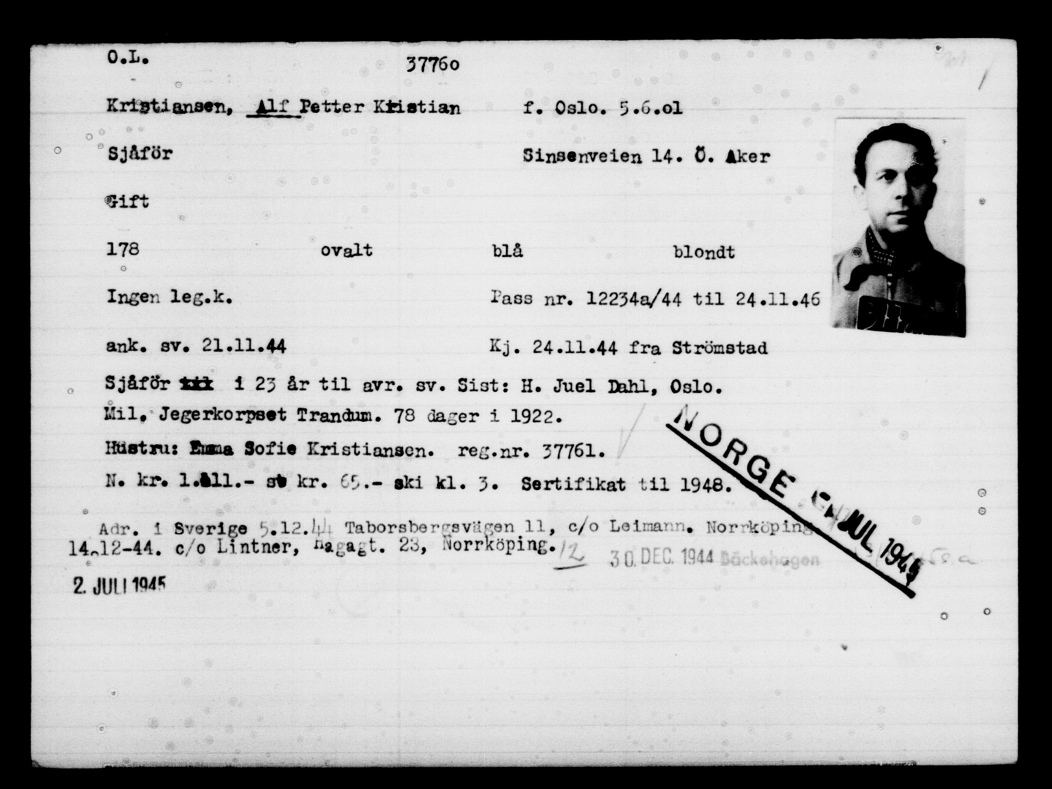 Utenriksstasjonene, Legasjonen i Stockholm, Flyktningkontoret, AV/RA-S-6753/V/Va/L0014: Kjesäterkartoteket, flyktninger med registreringsnr. 34700-37855, 1940-1945, s. 3225