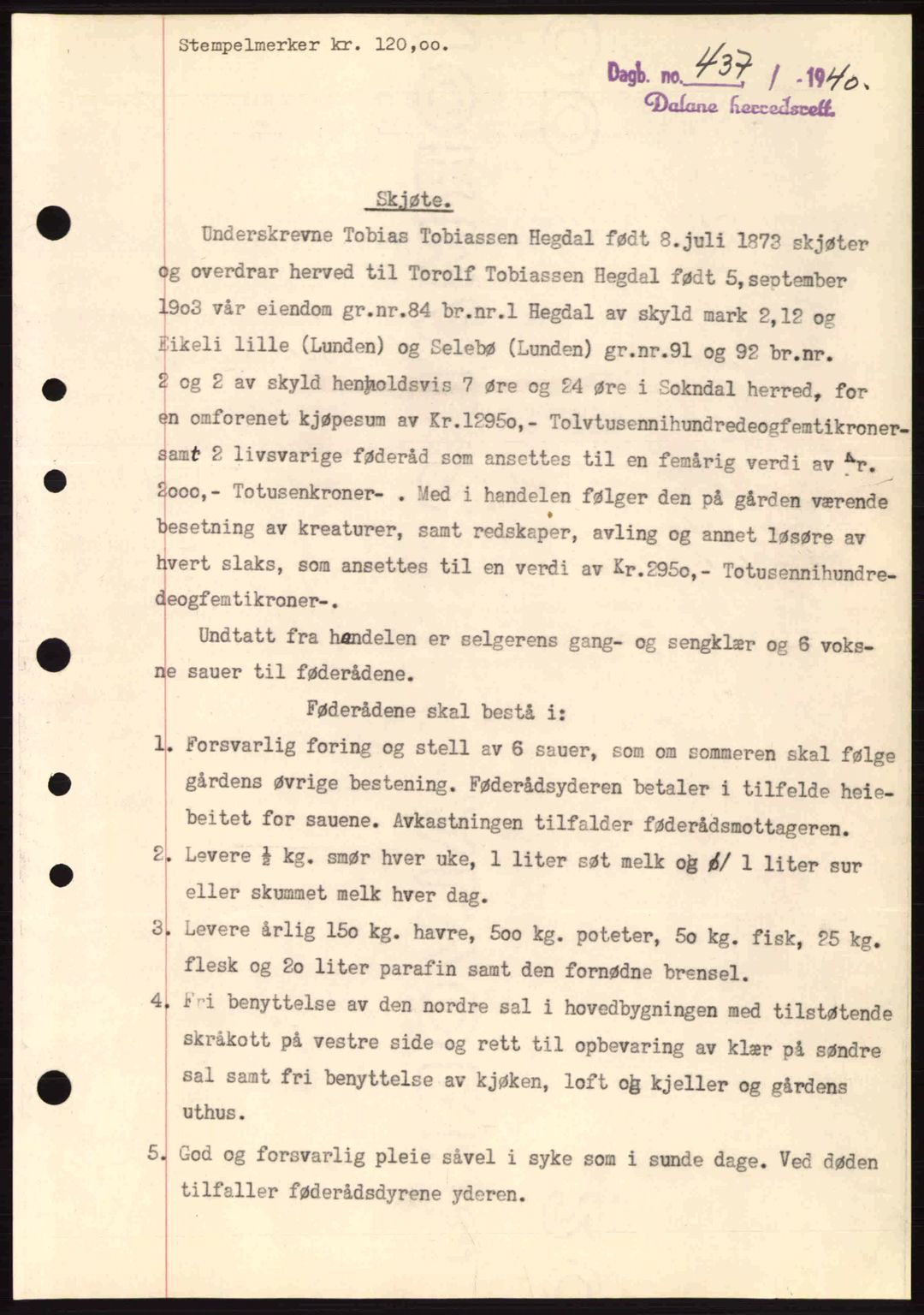 Dalane sorenskriveri, SAST/A-100309/02/G/Gb/L0044: Pantebok nr. A5, 1940-1941, Dagboknr: 437/1940