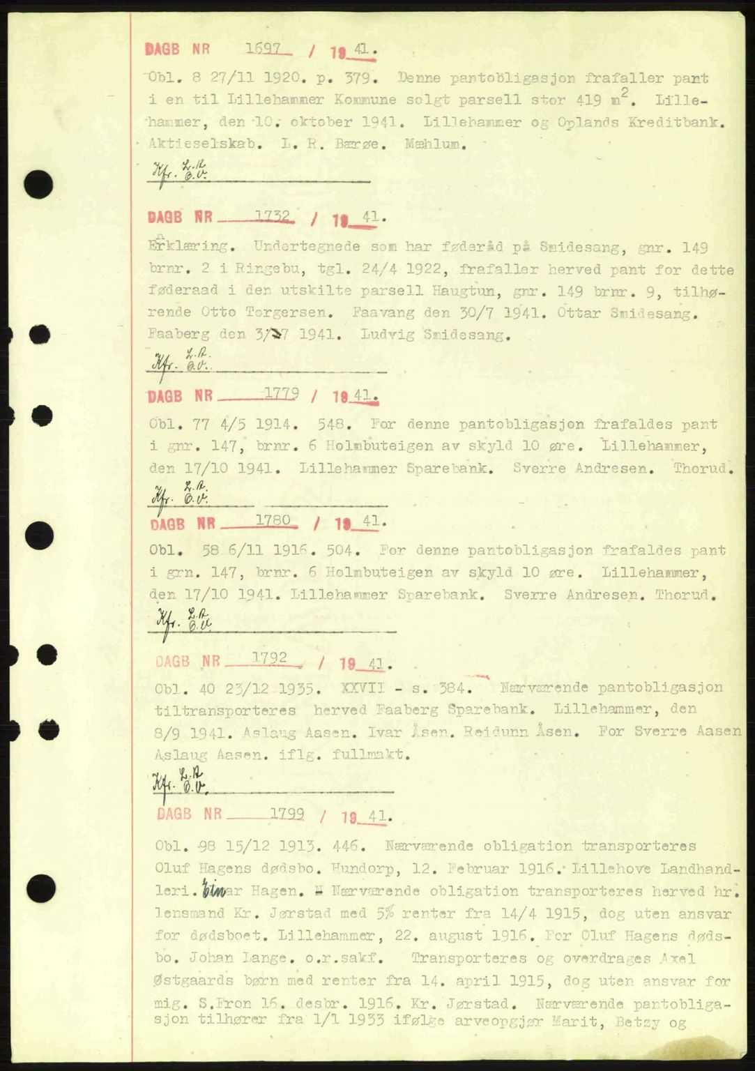 Sør-Gudbrandsdal tingrett, SAH/TING-004/H/Hb/Hbf/L0003: Pantebok nr. C5a, 1939-1946, Dagboknr: 1697/1941