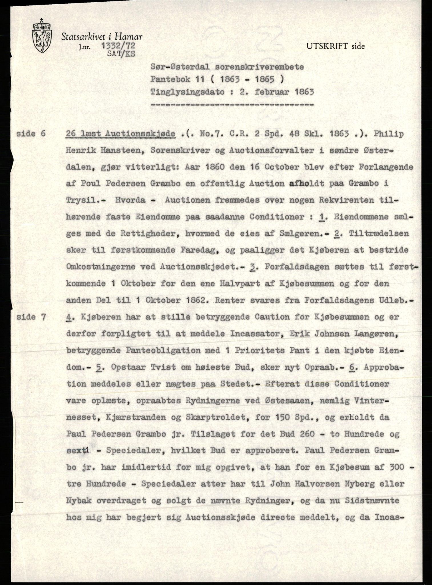 Avskriftssamlingen ved Statsarkivet i Hamar, SAH/AVSKRIFT-001/H/Hr/Hra/L0011: Pantebok for Sør-Østerdal, 1863-1865