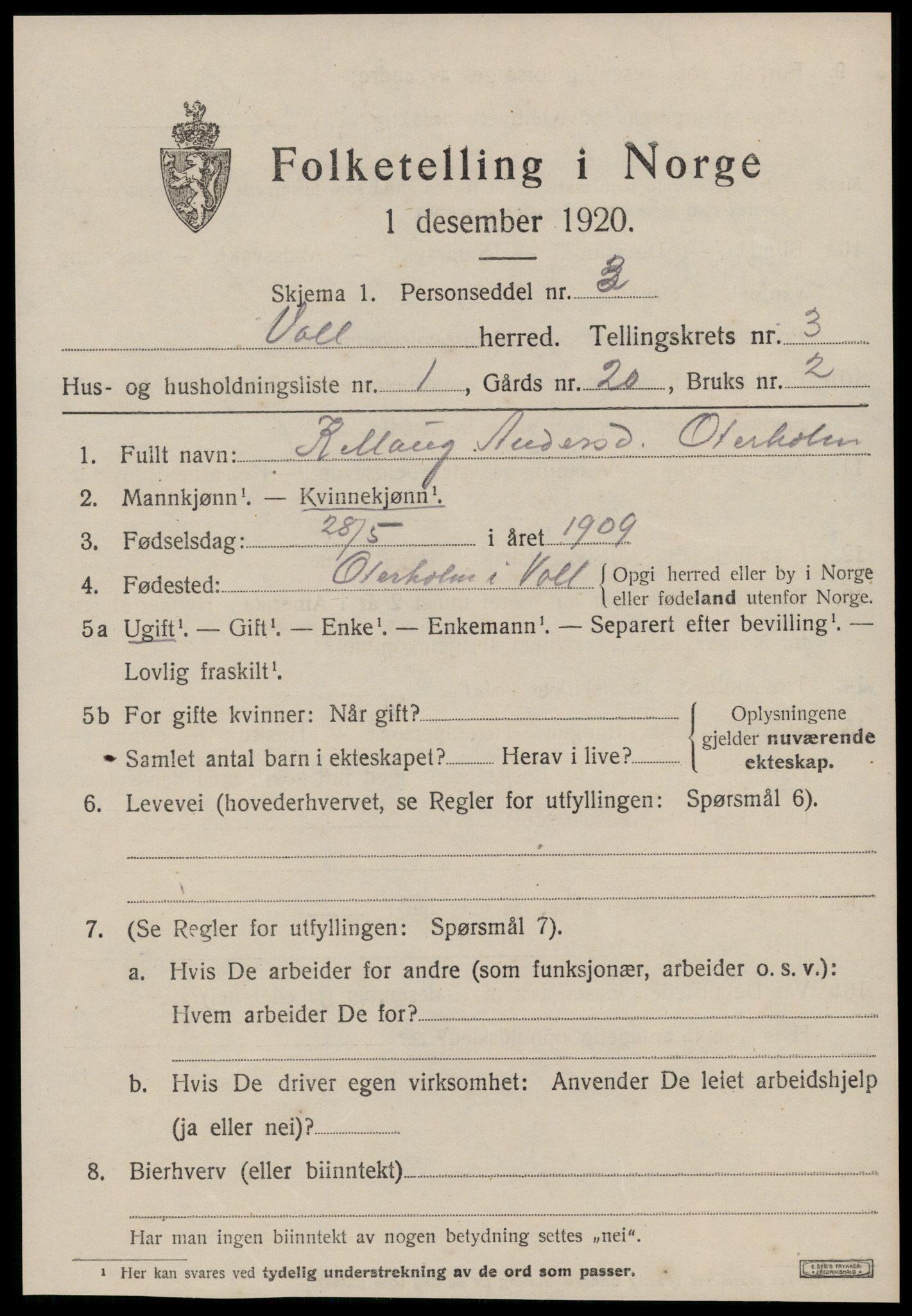 SAT, Folketelling 1920 for 1537 Voll herred, 1920, s. 1177