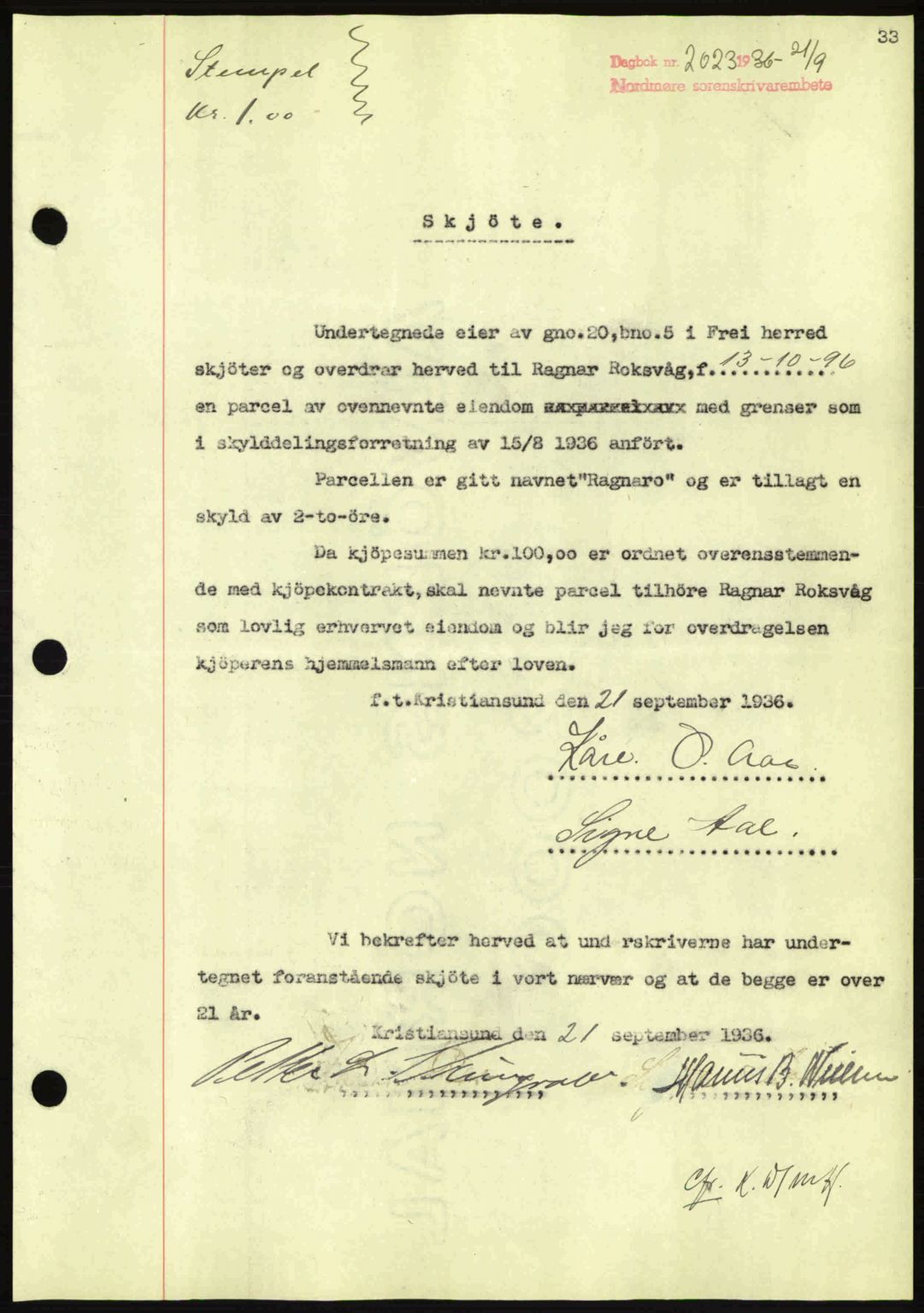 Nordmøre sorenskriveri, SAT/A-4132/1/2/2Ca: Pantebok nr. A80, 1936-1937, Dagboknr: 2023/1936