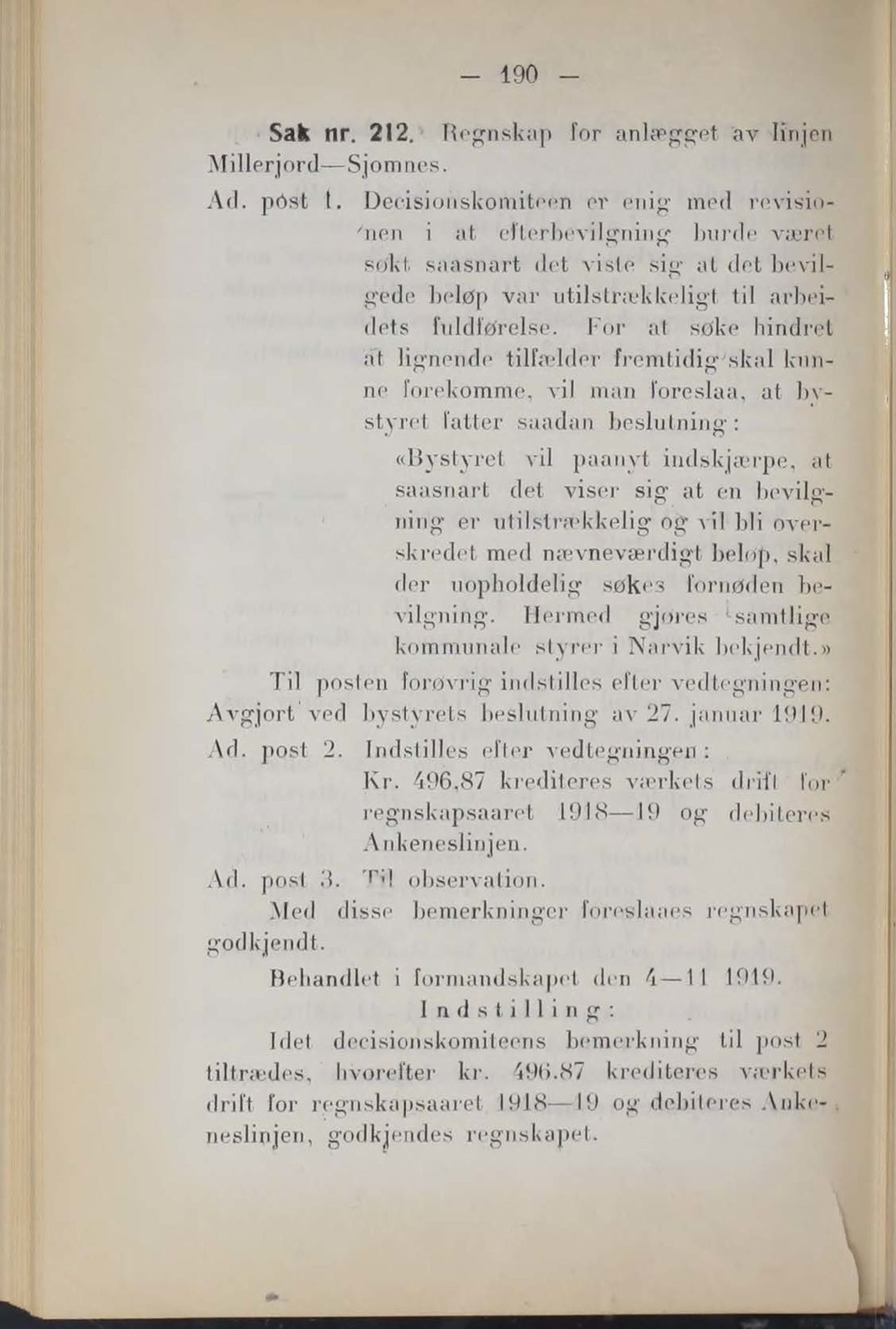 Narvik kommune. Formannskap , AIN/K-18050.150/A/Ab/L0009: Møtebok, 1919