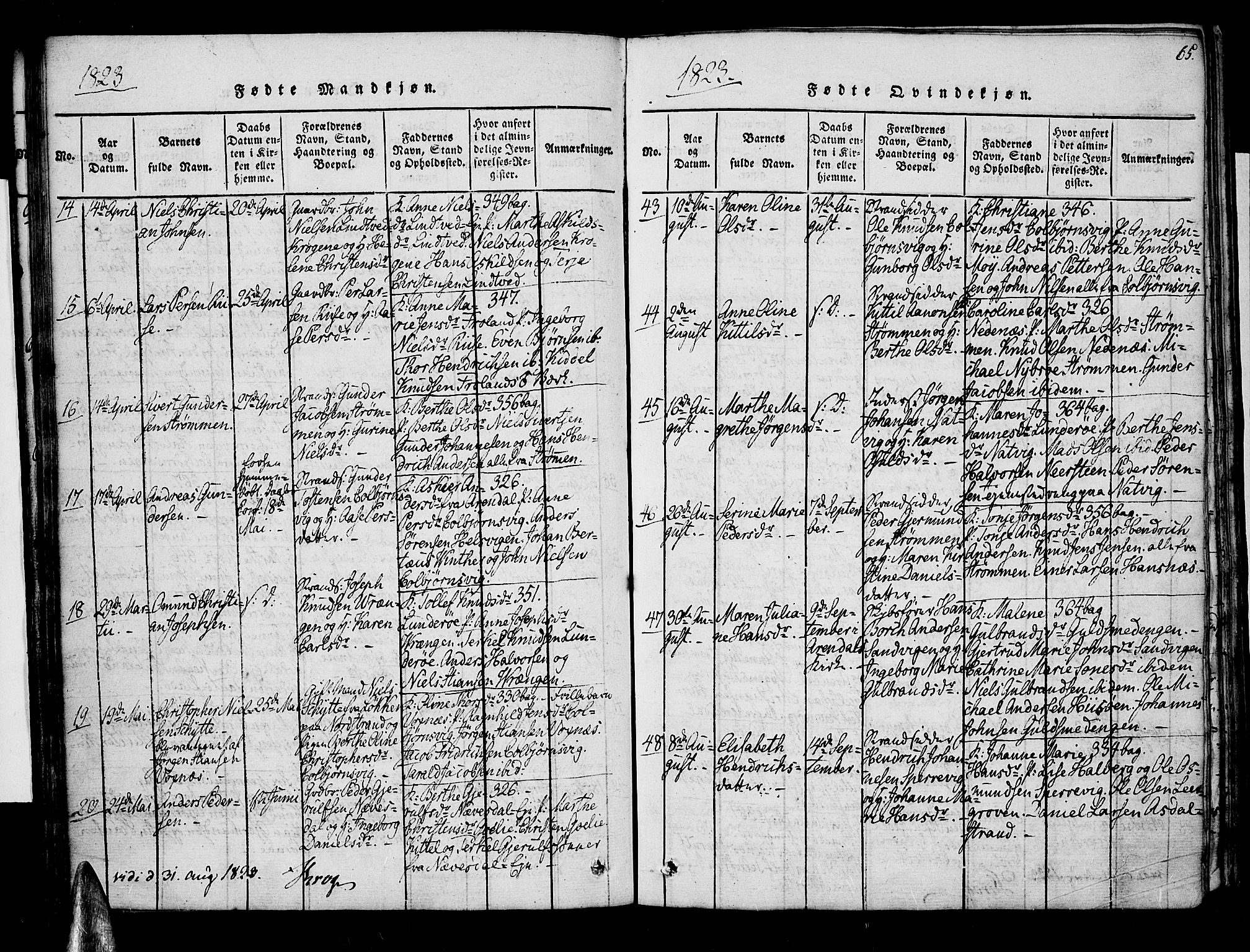 Øyestad sokneprestkontor, AV/SAK-1111-0049/F/Fa/L0012: Ministerialbok nr. A 12, 1816-1827, s. 65