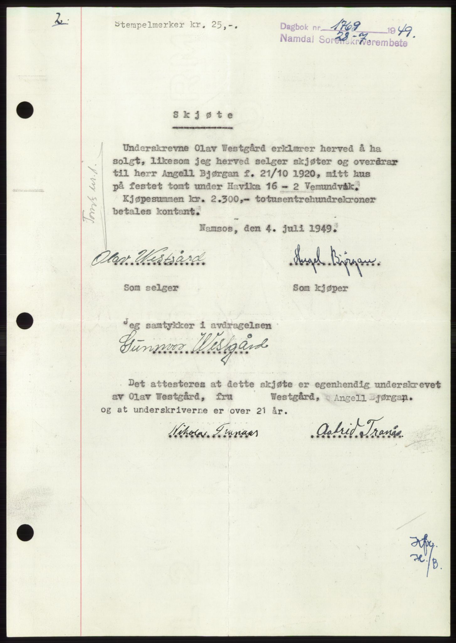 Namdal sorenskriveri, SAT/A-4133/1/2/2C: Pantebok nr. -, 1949-1949, Dagboknr: 1769/1949