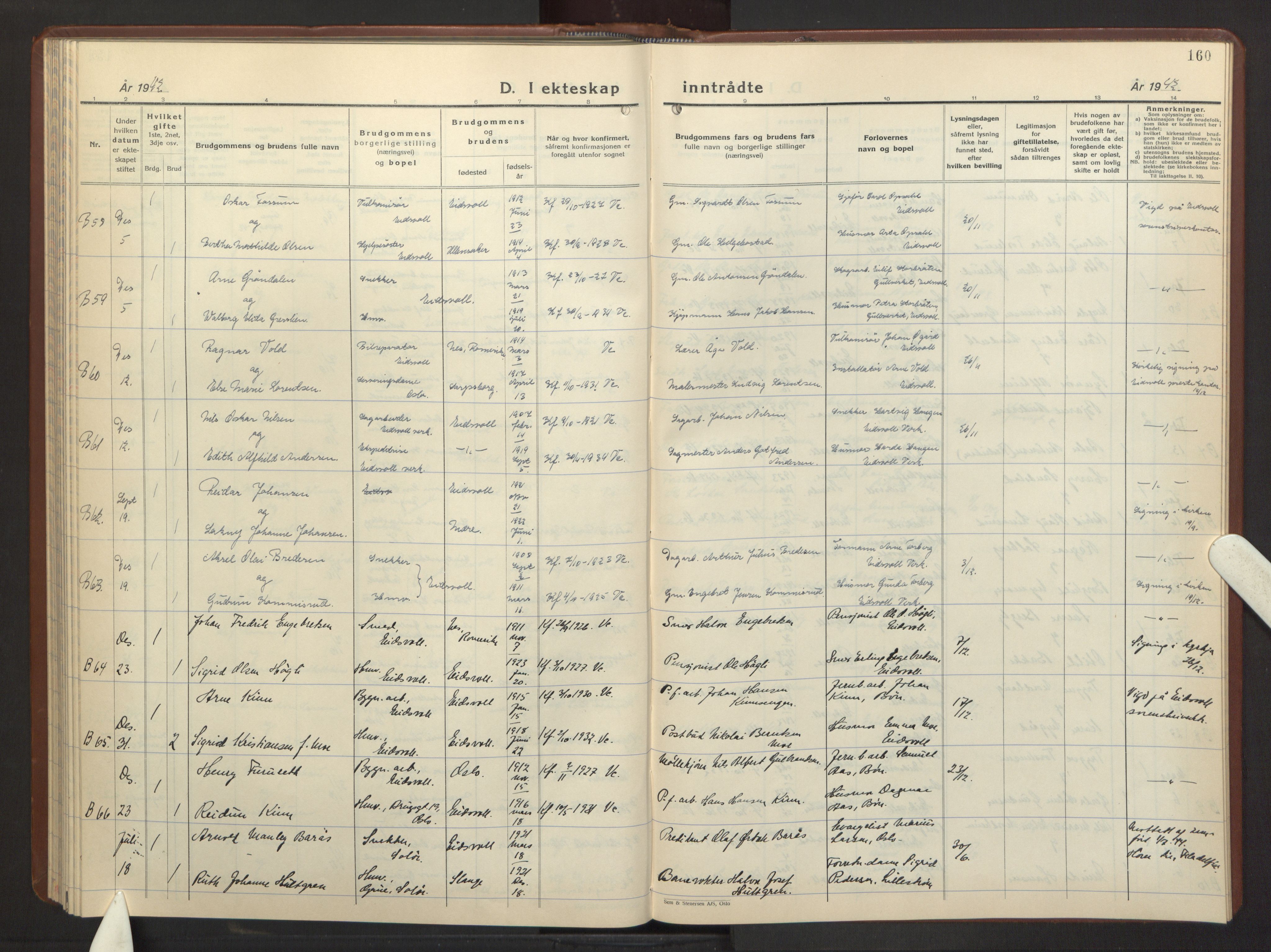 Eidsvoll prestekontor Kirkebøker, AV/SAO-A-10888/G/Ga/L0013: Klokkerbok nr. I 13, 1936-1953, s. 160