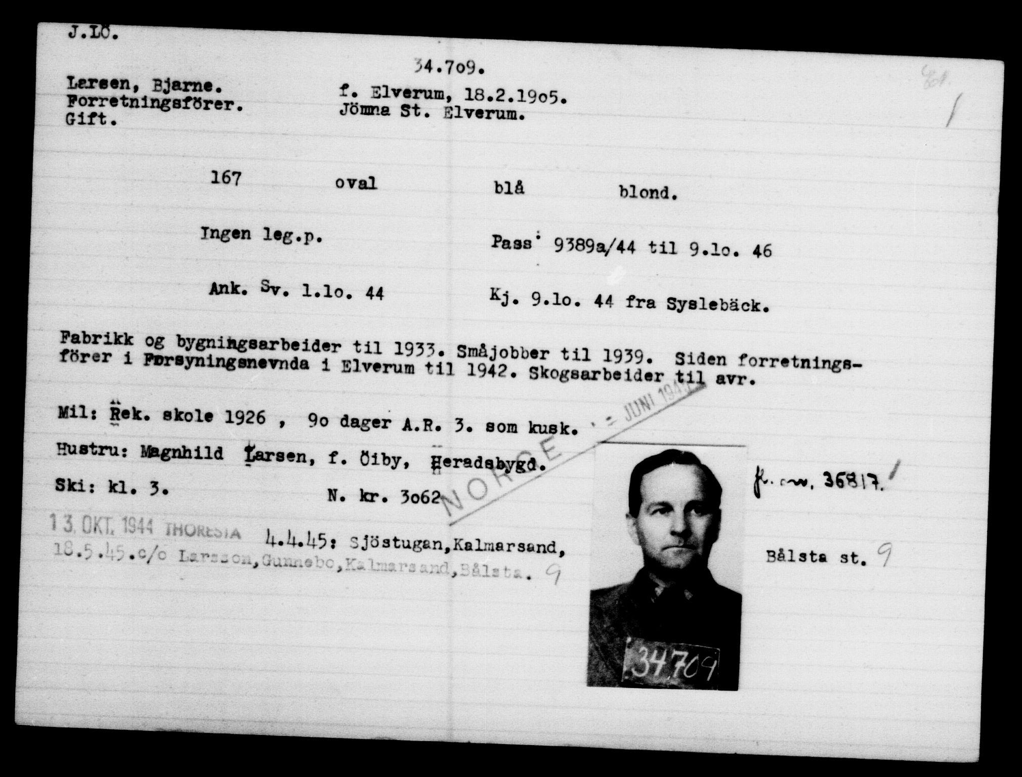 Utenriksstasjonene, Legasjonen i Stockholm, Flyktningkontoret, AV/RA-S-6753/V/Va/L0013: Kjesäterkartoteket, flyktninger med registreringsnr. 31500-34731, 1940-1945, s. 3382