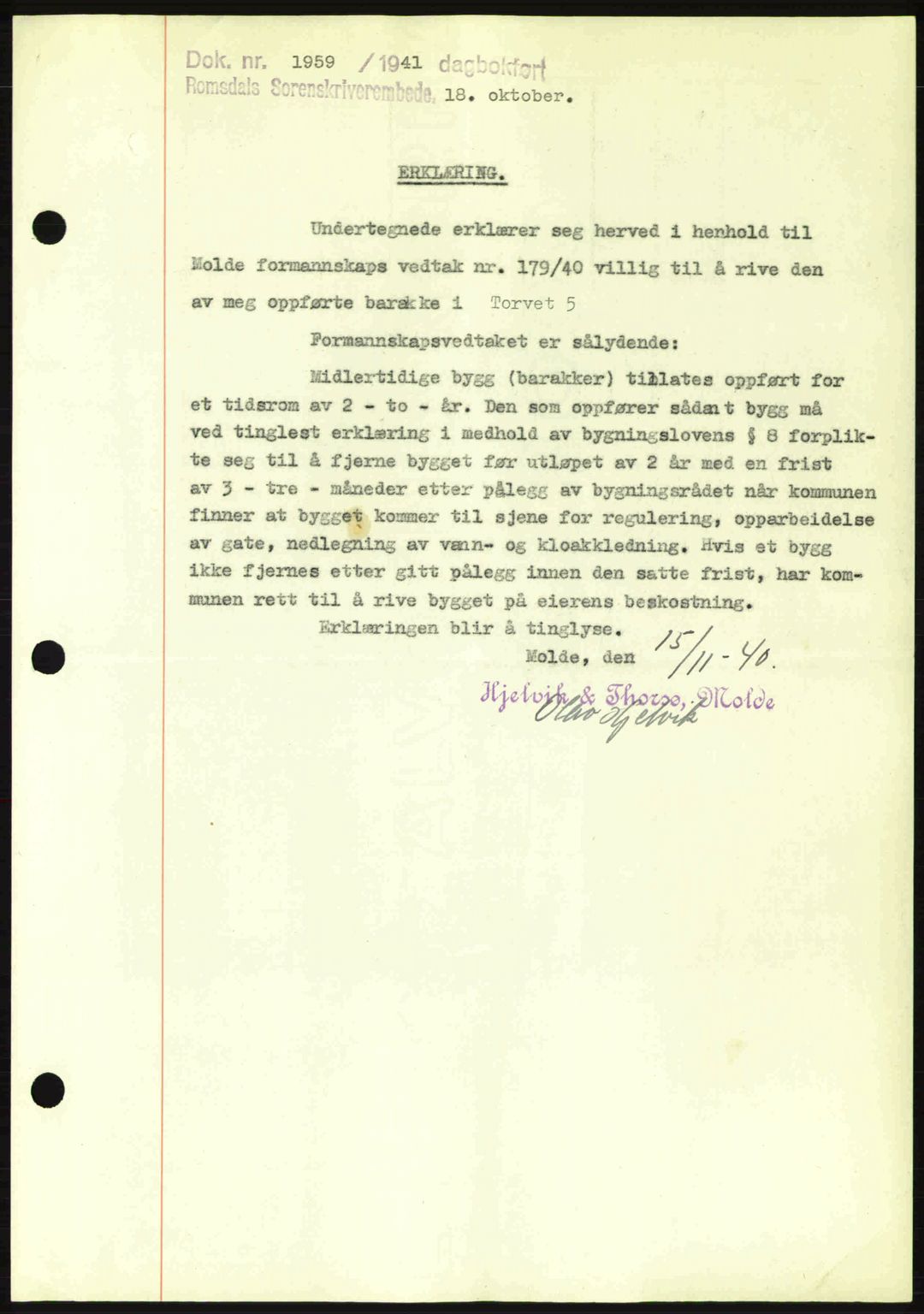 Romsdal sorenskriveri, SAT/A-4149/1/2/2C: Pantebok nr. B2, 1939-1945, Dagboknr: 1959/1941