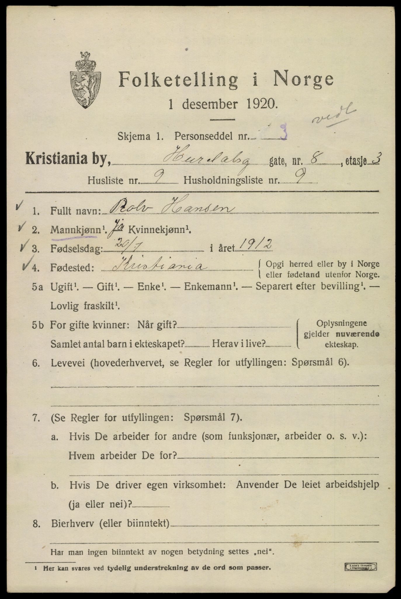 SAO, Folketelling 1920 for 0301 Kristiania kjøpstad, 1920, s. 302073