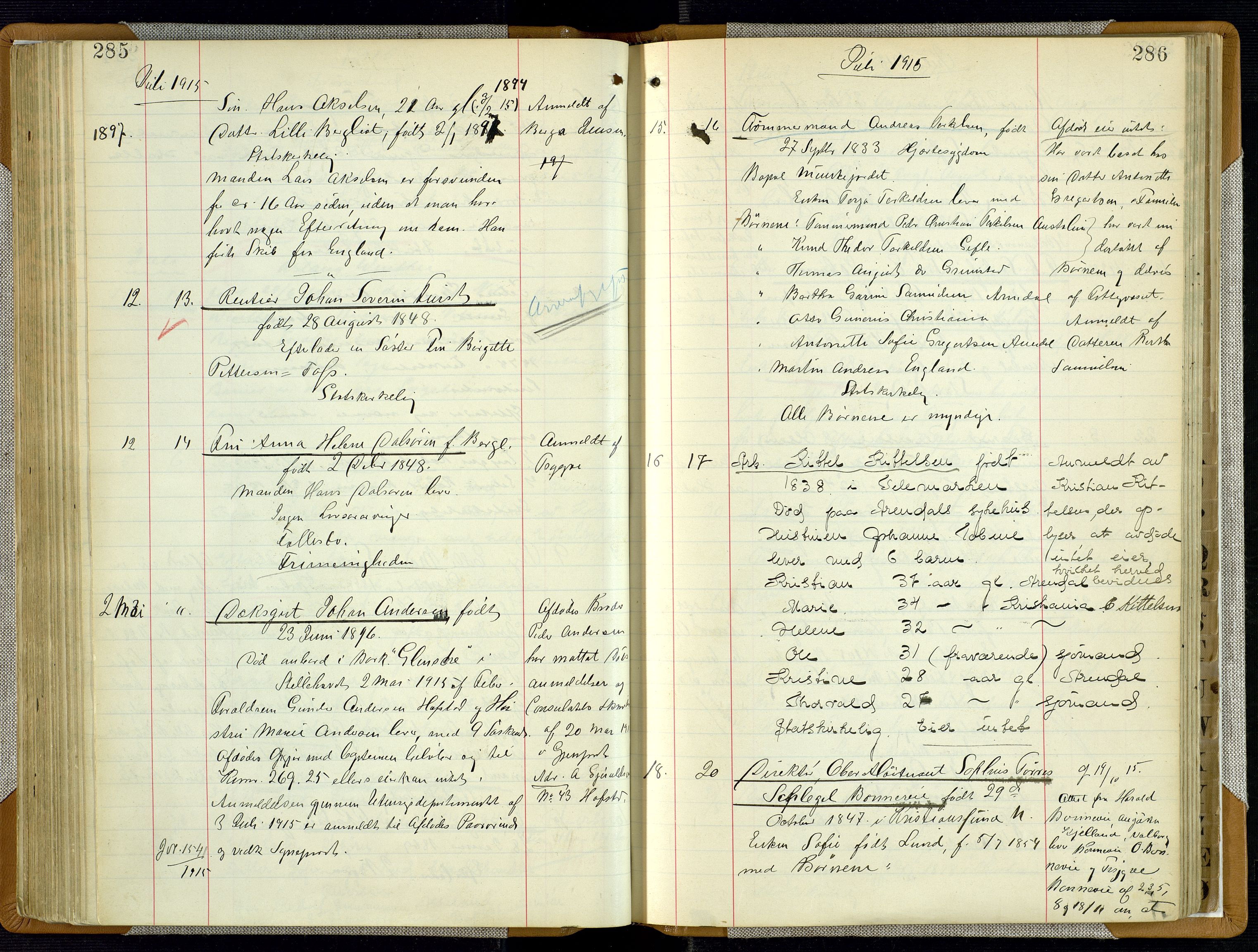 Arendal byfogd, AV/SAK-1222-0001/H/Ha/L0003: Dødsfallsprotokoll, 1908-1917, s. 285-286