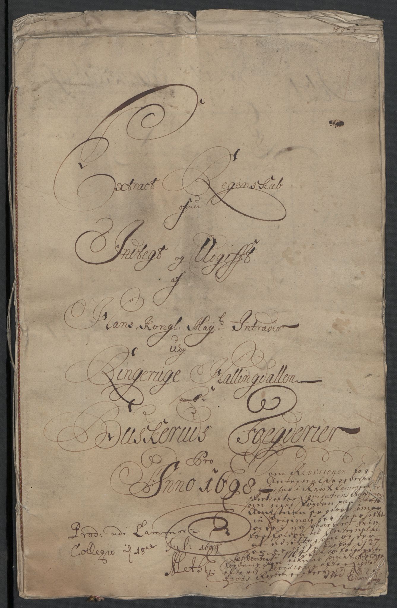 Rentekammeret inntil 1814, Reviderte regnskaper, Fogderegnskap, RA/EA-4092/R22/L1455: Fogderegnskap Ringerike, Hallingdal og Buskerud, 1698, s. 3