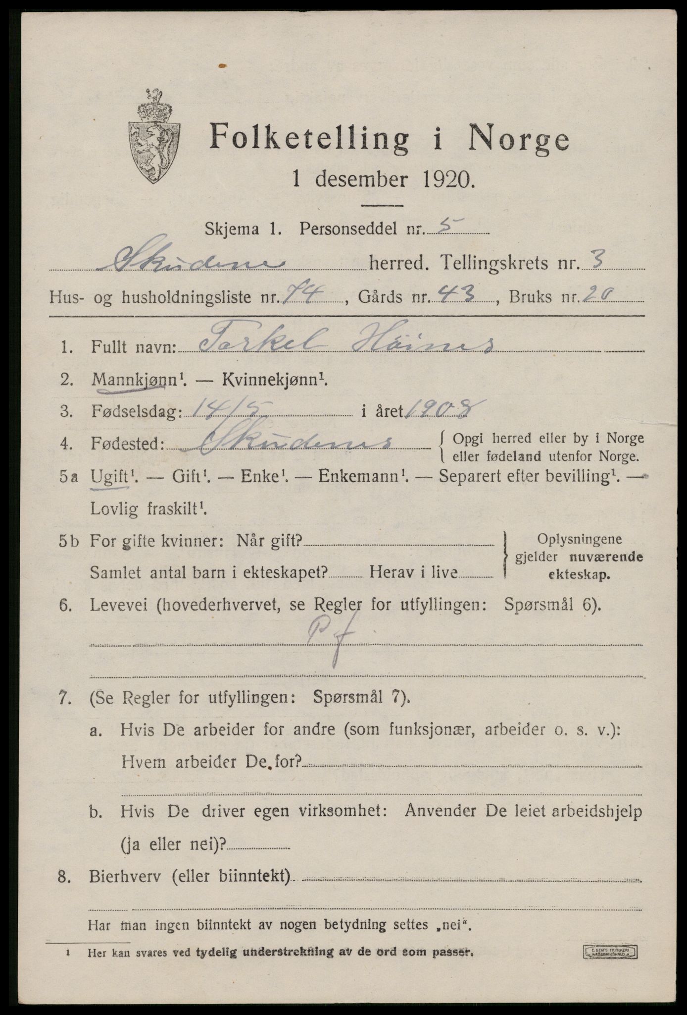 SAST, Folketelling 1920 for 1150 Skudenes herred, 1920, s. 3368