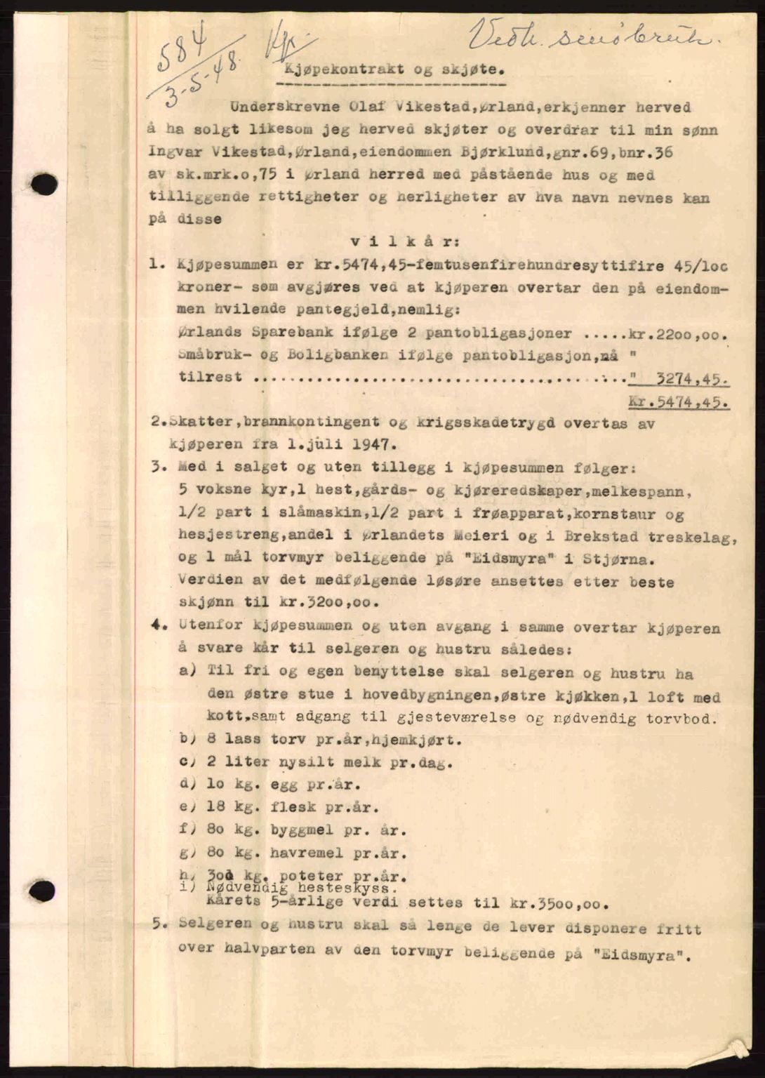 Fosen sorenskriveri, AV/SAT-A-1107/1/2/2C: Pantebok nr. A8, 1948-1948, Dagboknr: 584/1948