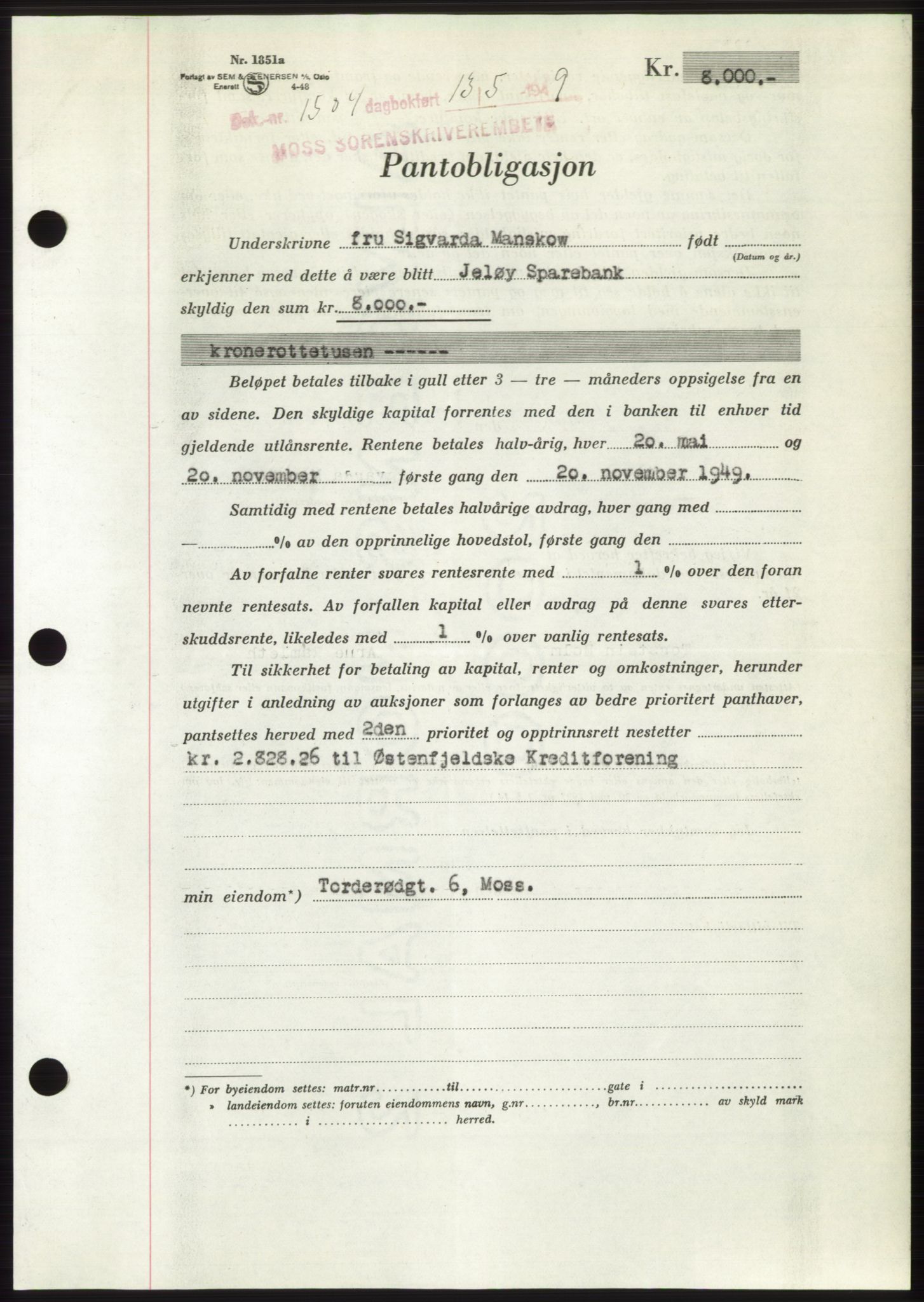 Moss sorenskriveri, SAO/A-10168: Pantebok nr. B21, 1949-1949, Dagboknr: 1504/1949