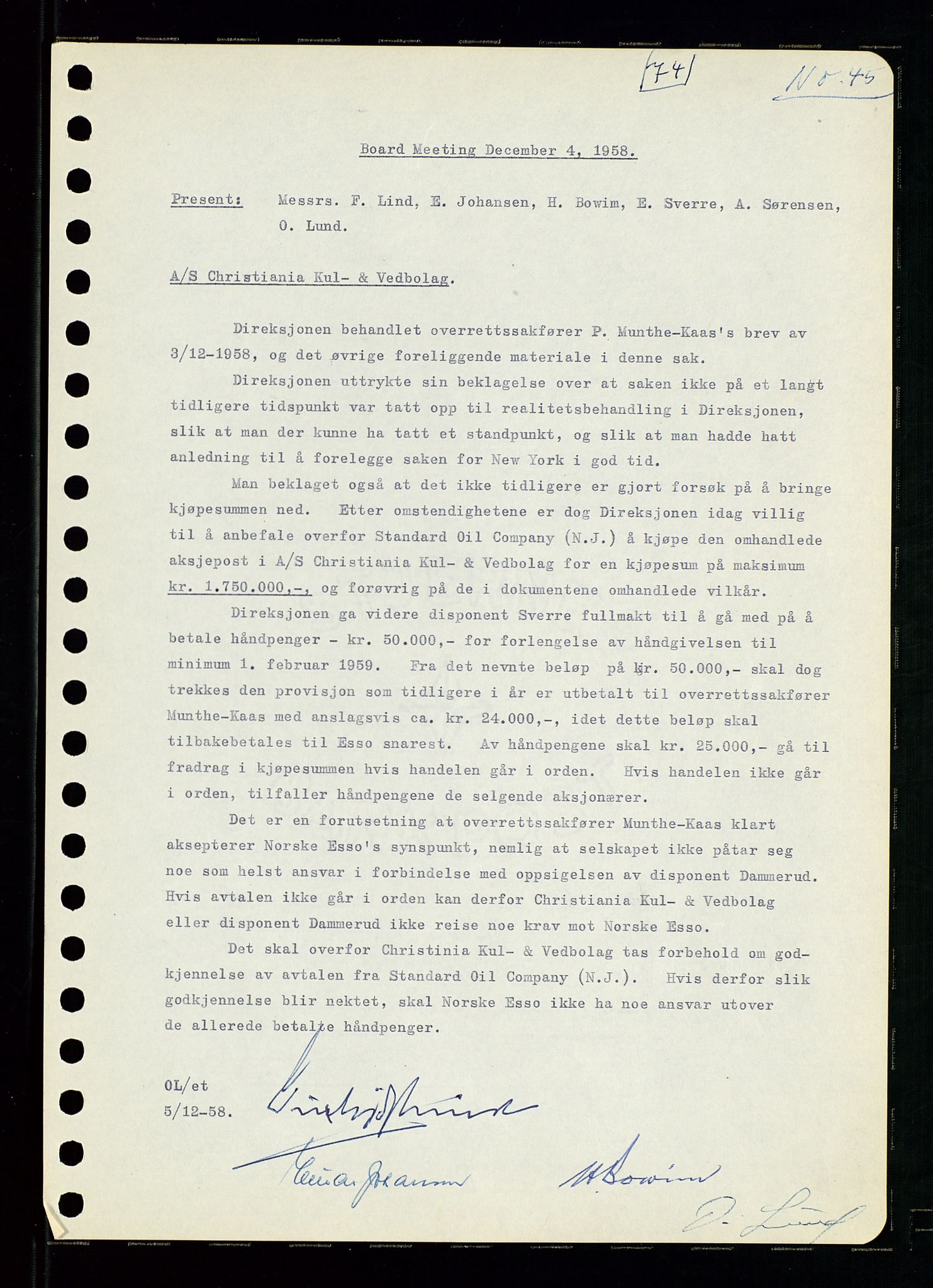 Pa 0982 - Esso Norge A/S, AV/SAST-A-100448/A/Aa/L0001/0001: Den administrerende direksjon Board minutes (styrereferater) / Den administrerende direksjon Board minutes (styrereferater), 1958-1959, s. 74