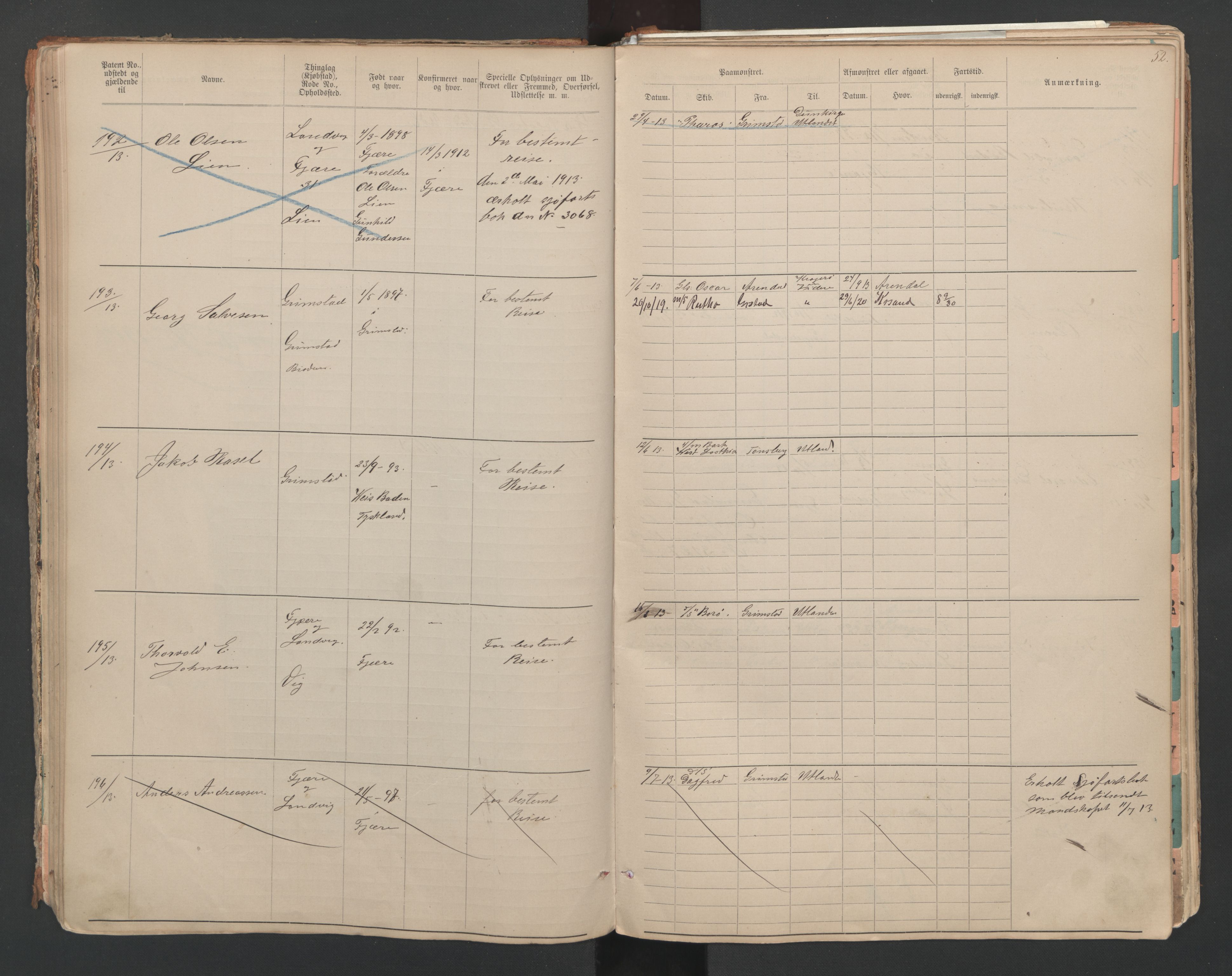 Grimstad mønstringskrets, AV/SAK-2031-0013/F/Fa/L0007: Annotasjonsrulle nr 1-265 og hovedrulle B nr 1-160, V-20, 1894-1949, s. 53