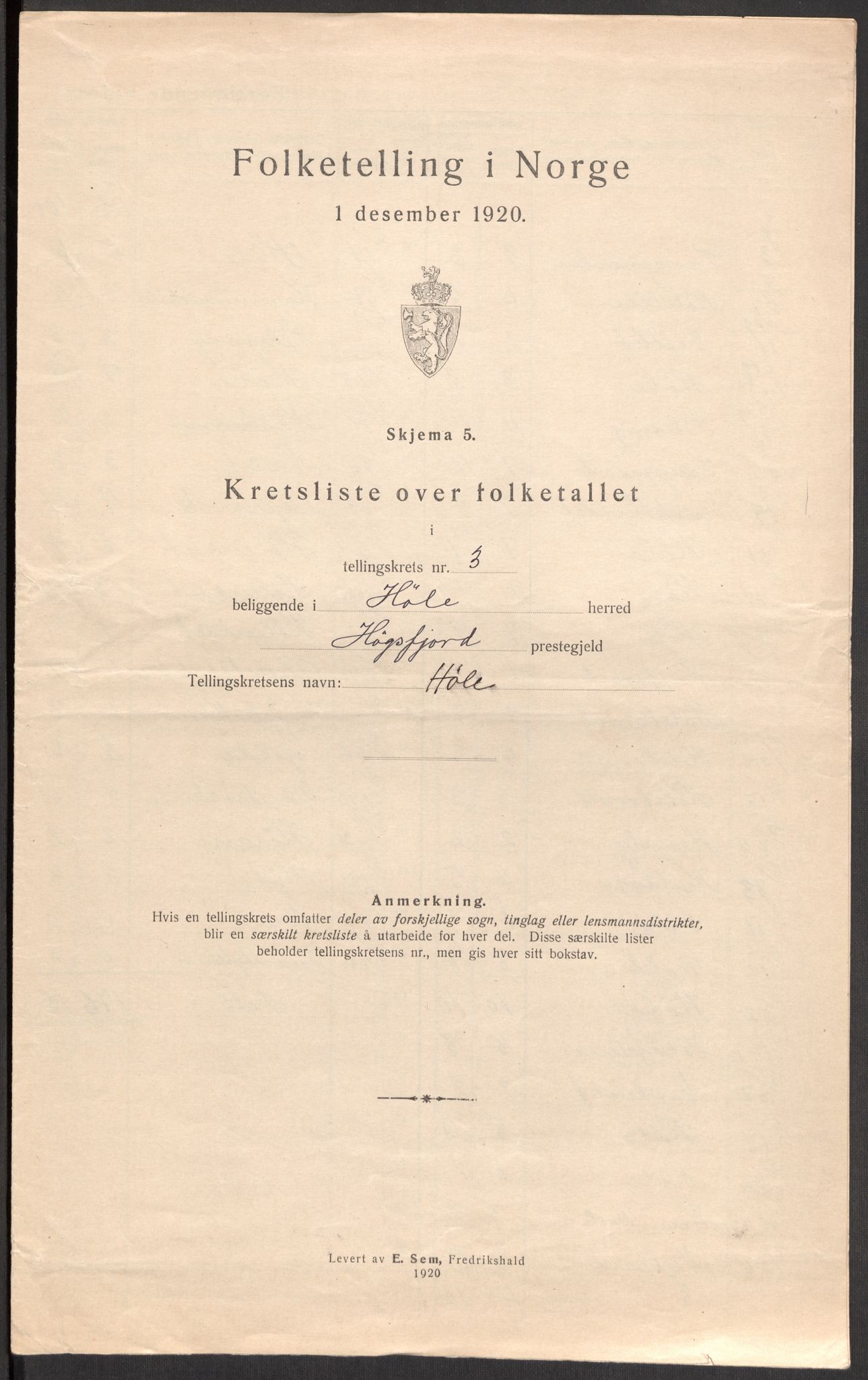 SAST, Folketelling 1920 for 1128 Høle herred, 1920, s. 18