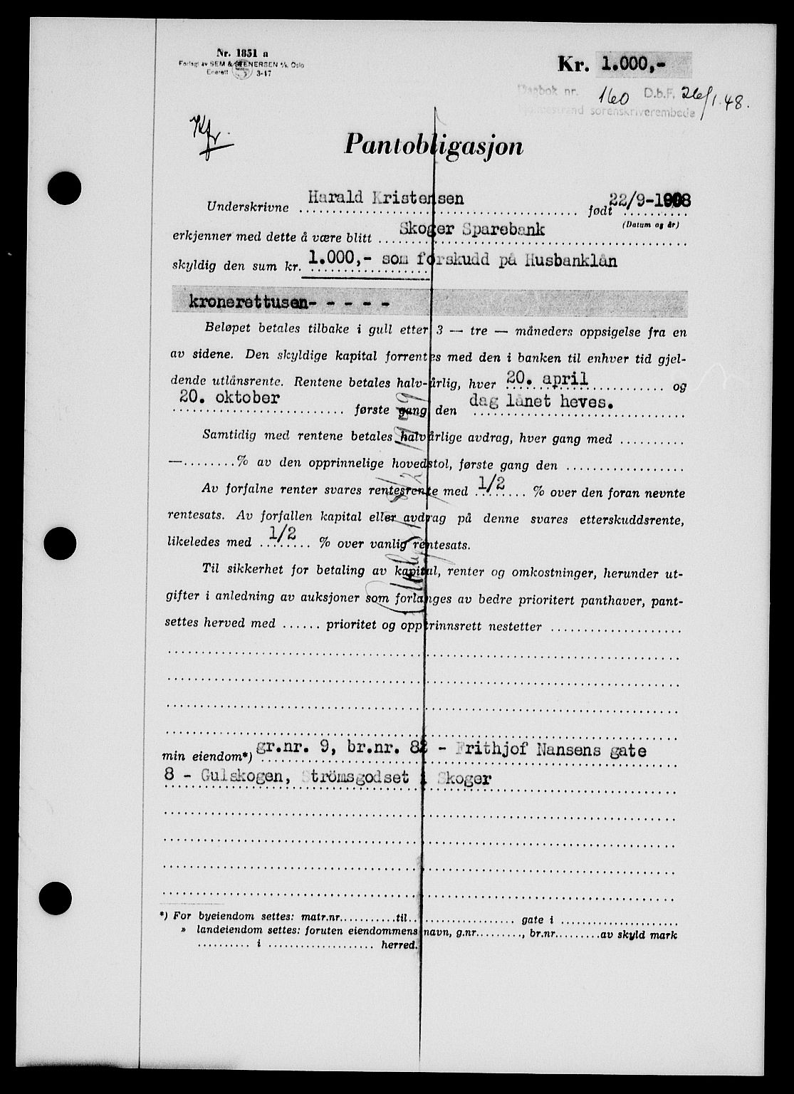 Holmestrand sorenskriveri, SAKO/A-67/G/Ga/Gab/L0058: Pantebok nr. B-58, 1947-1948, Dagboknr: 160/1948