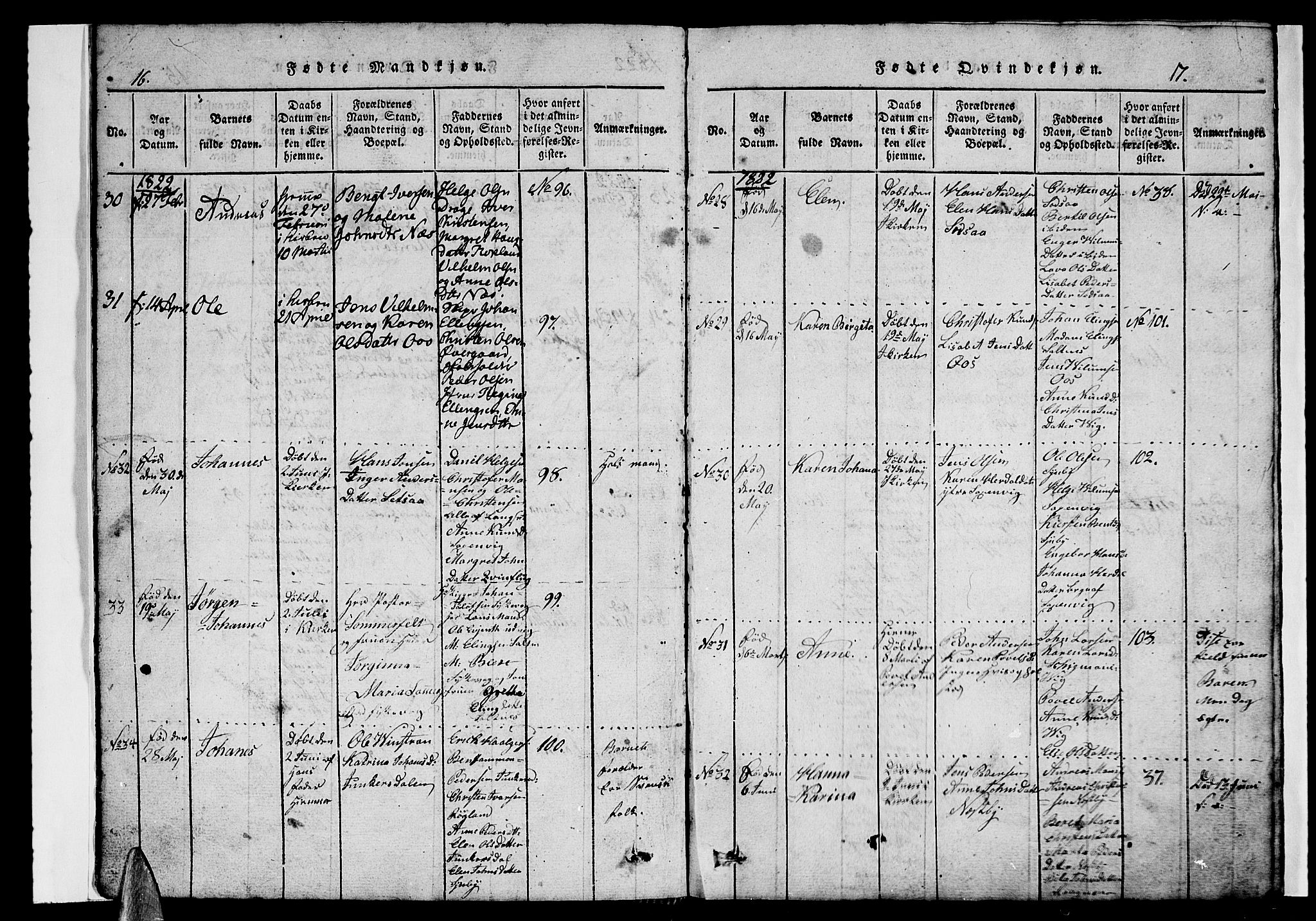 Ministerialprotokoller, klokkerbøker og fødselsregistre - Nordland, AV/SAT-A-1459/847/L0676: Klokkerbok nr. 847C04, 1821-1853, s. 16-17