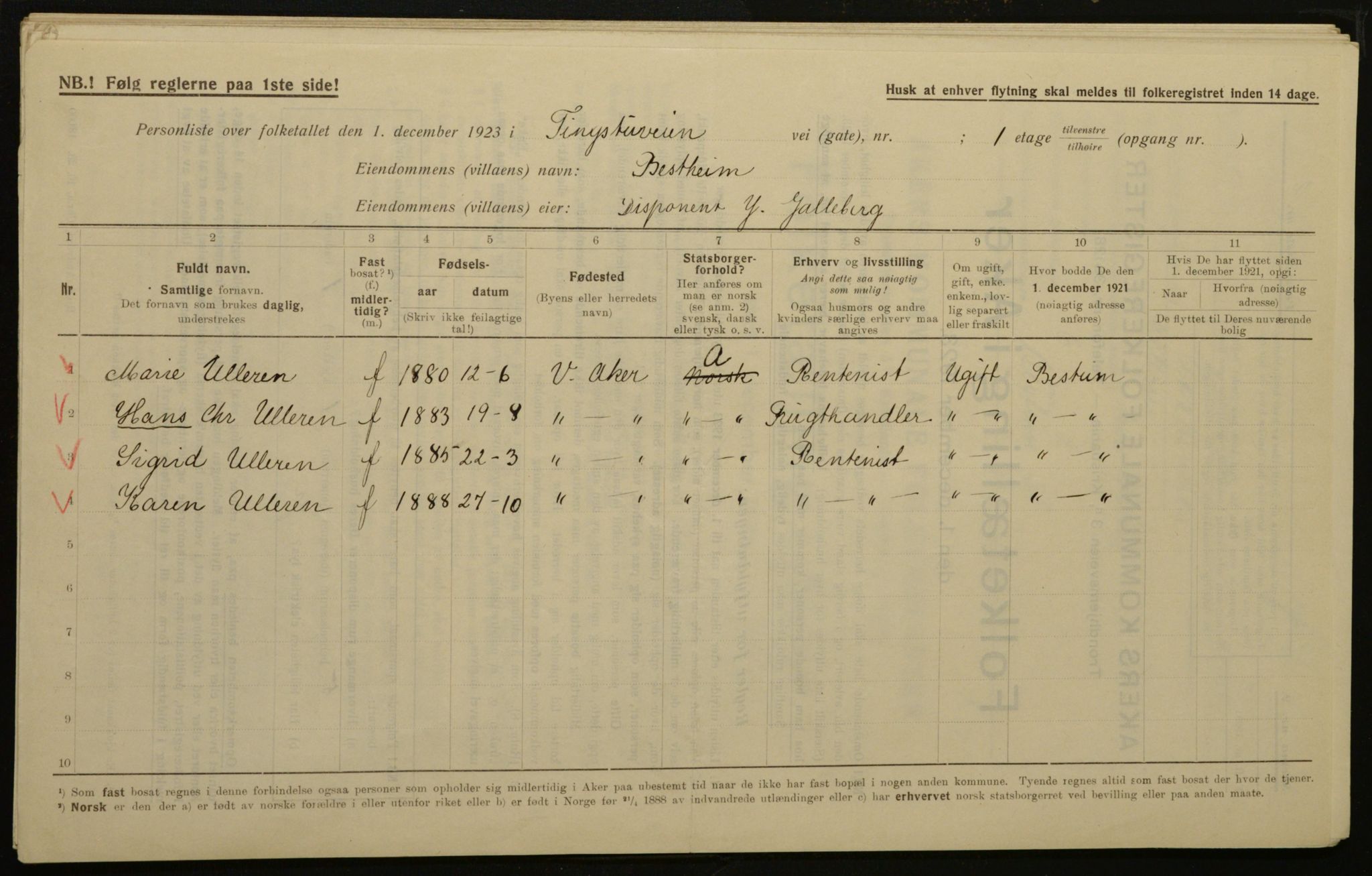 , Kommunal folketelling 1.12.1923 for Aker, 1923, s. 21