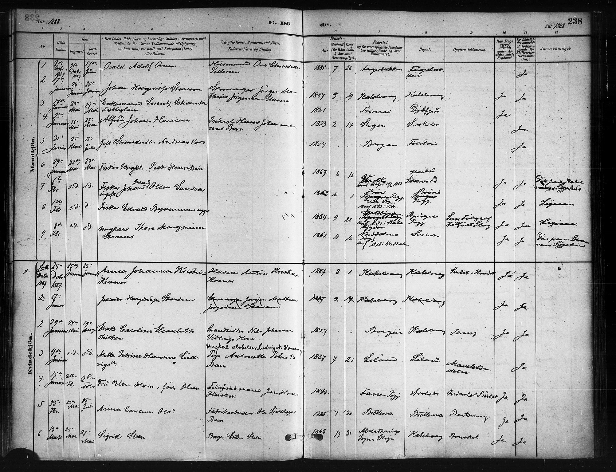 Ministerialprotokoller, klokkerbøker og fødselsregistre - Nordland, SAT/A-1459/874/L1059: Ministerialbok nr. 874A03, 1884-1890, s. 238