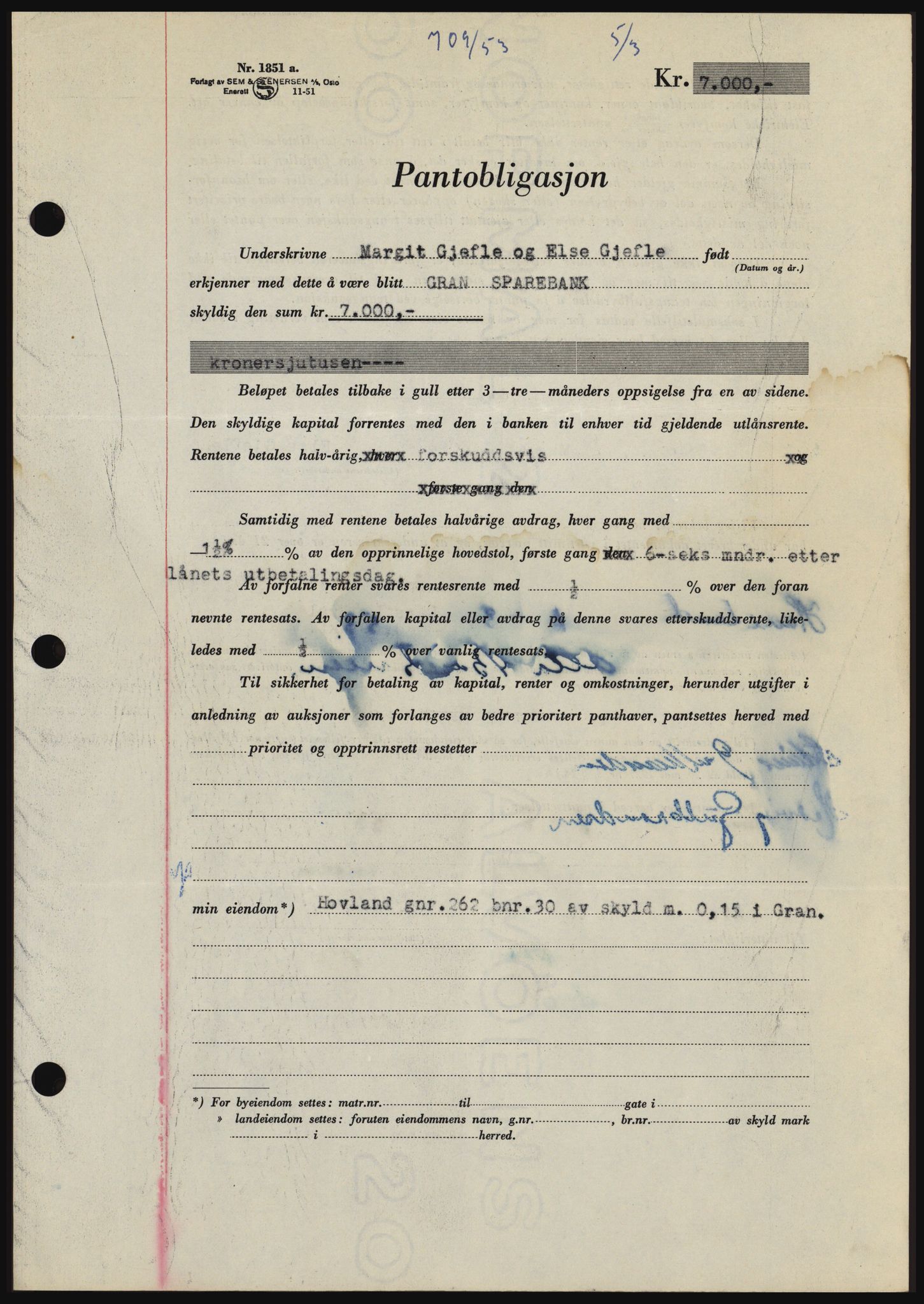 Hadeland og Land tingrett, SAH/TING-010/H/Hb/Hbc/L0026: Pantebok nr. B26, 1953-1953, Dagboknr: 709/1953