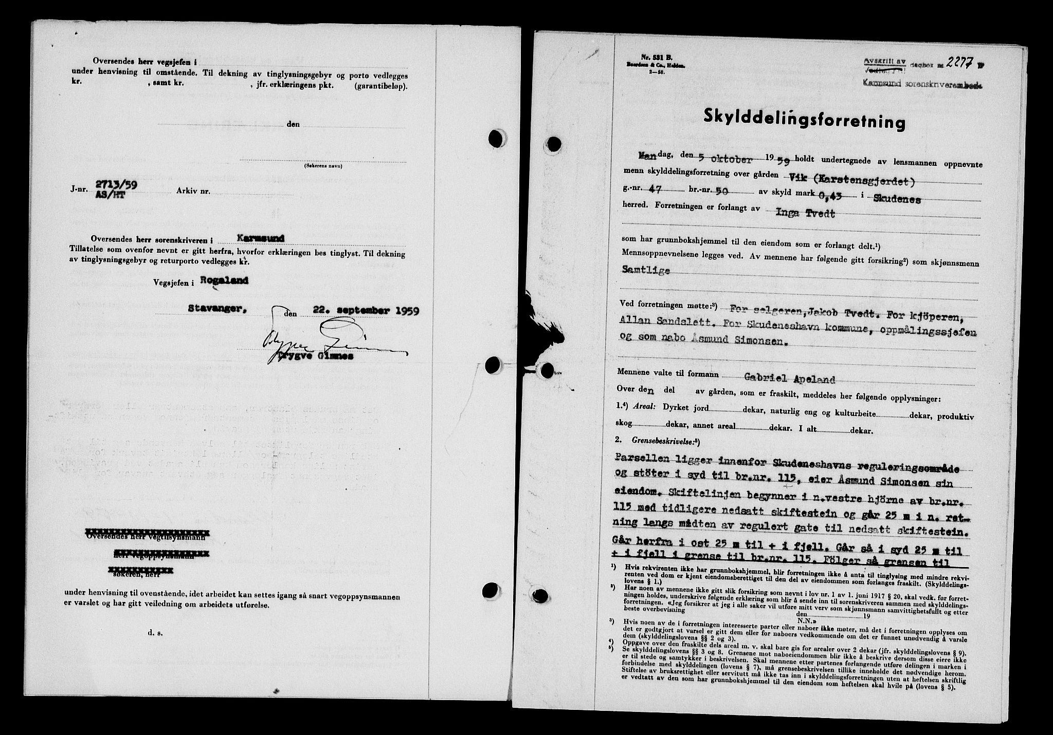 Karmsund sorenskriveri, SAST/A-100311/01/II/IIB/L0132: Pantebok nr. 112A, 1959-1959, Dagboknr: 2277/1959