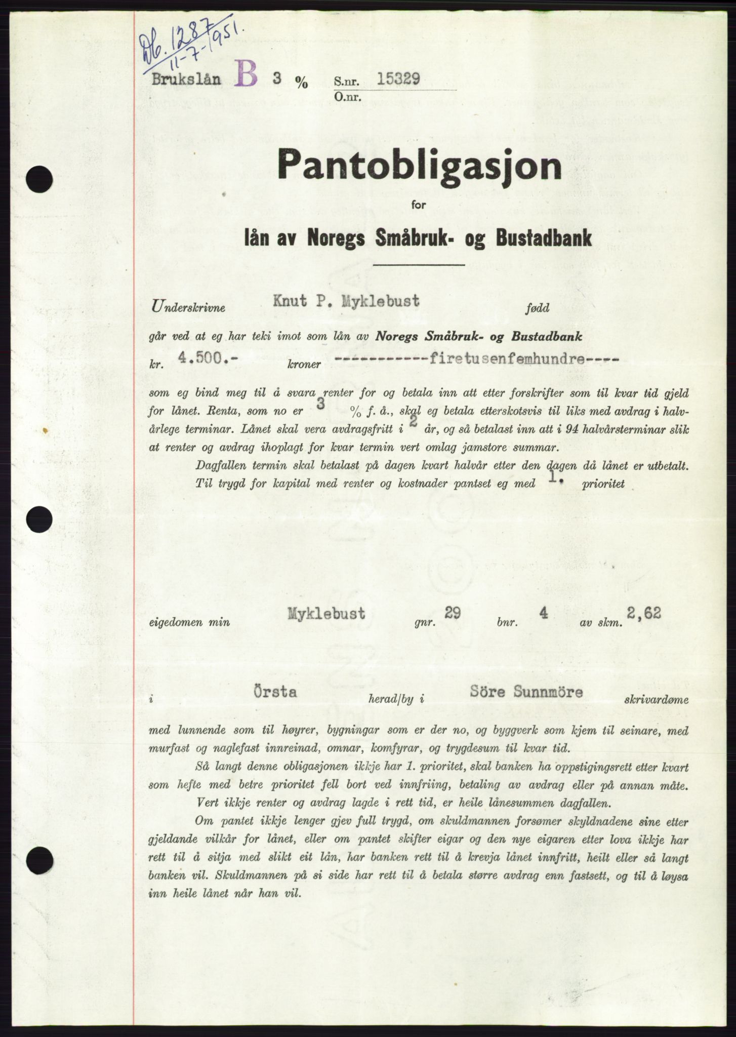 Søre Sunnmøre sorenskriveri, SAT/A-4122/1/2/2C/L0120: Pantebok nr. 8B, 1951-1951, Dagboknr: 1287/1951