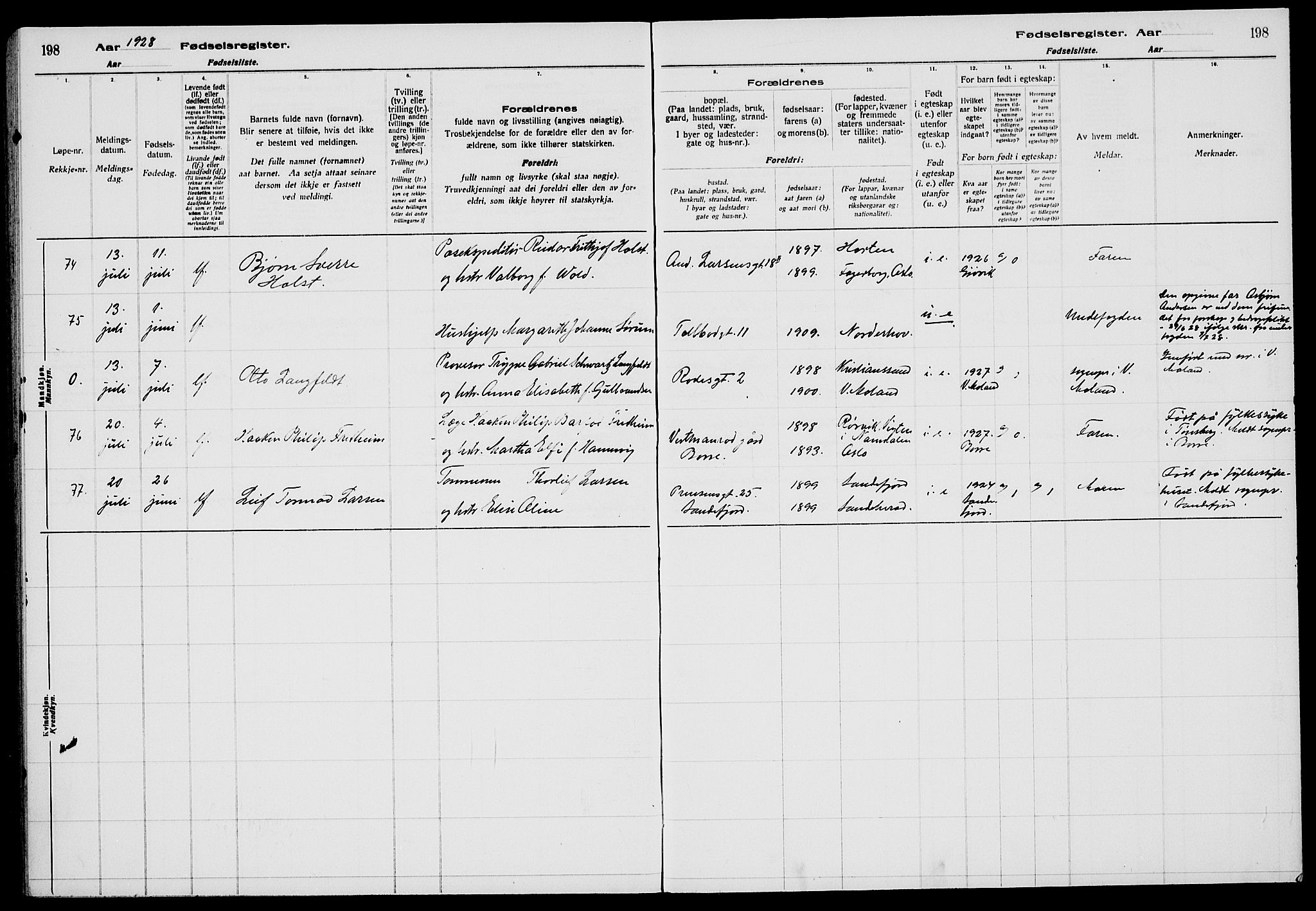 Tønsberg kirkebøker, AV/SAKO-A-330/J/Ja/L0002: Fødselsregister nr. 2, 1922-1928, s. 198