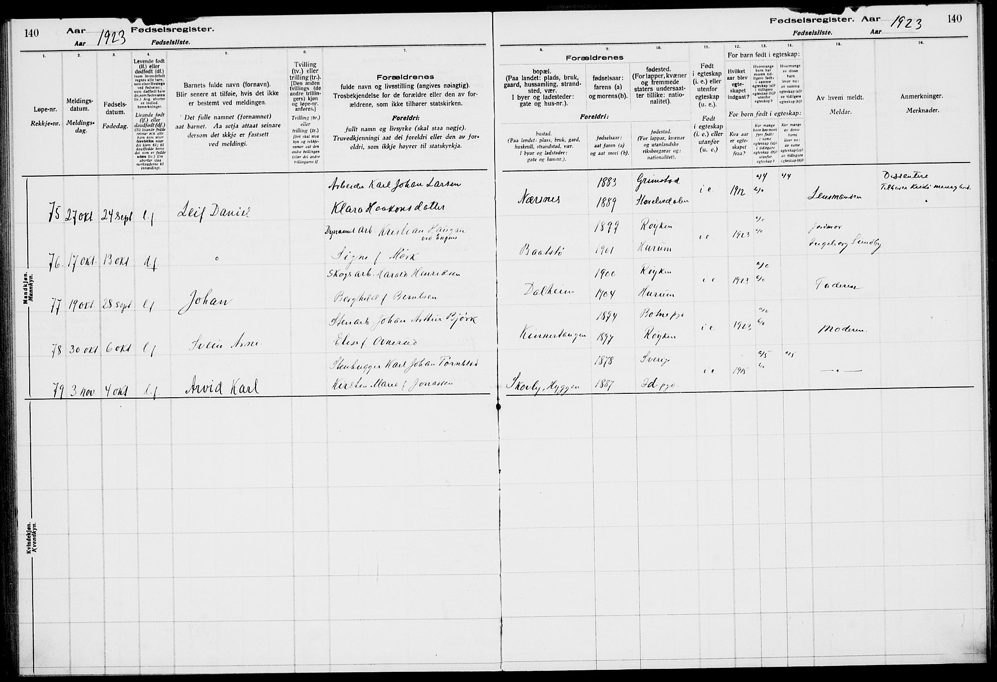 Røyken kirkebøker, AV/SAKO-A-241/J/Ja/L0001: Fødselsregister nr. 1, 1916-1927, s. 140