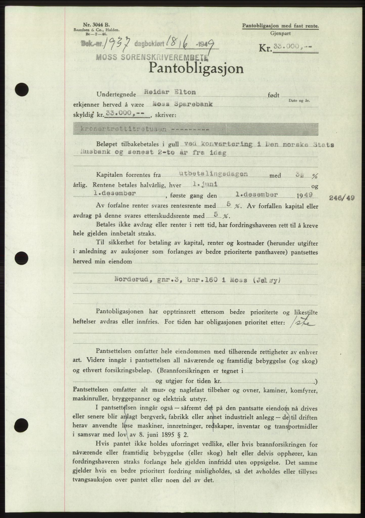 Moss sorenskriveri, SAO/A-10168: Pantebok nr. B22, 1949-1949, Dagboknr: 1937/1949