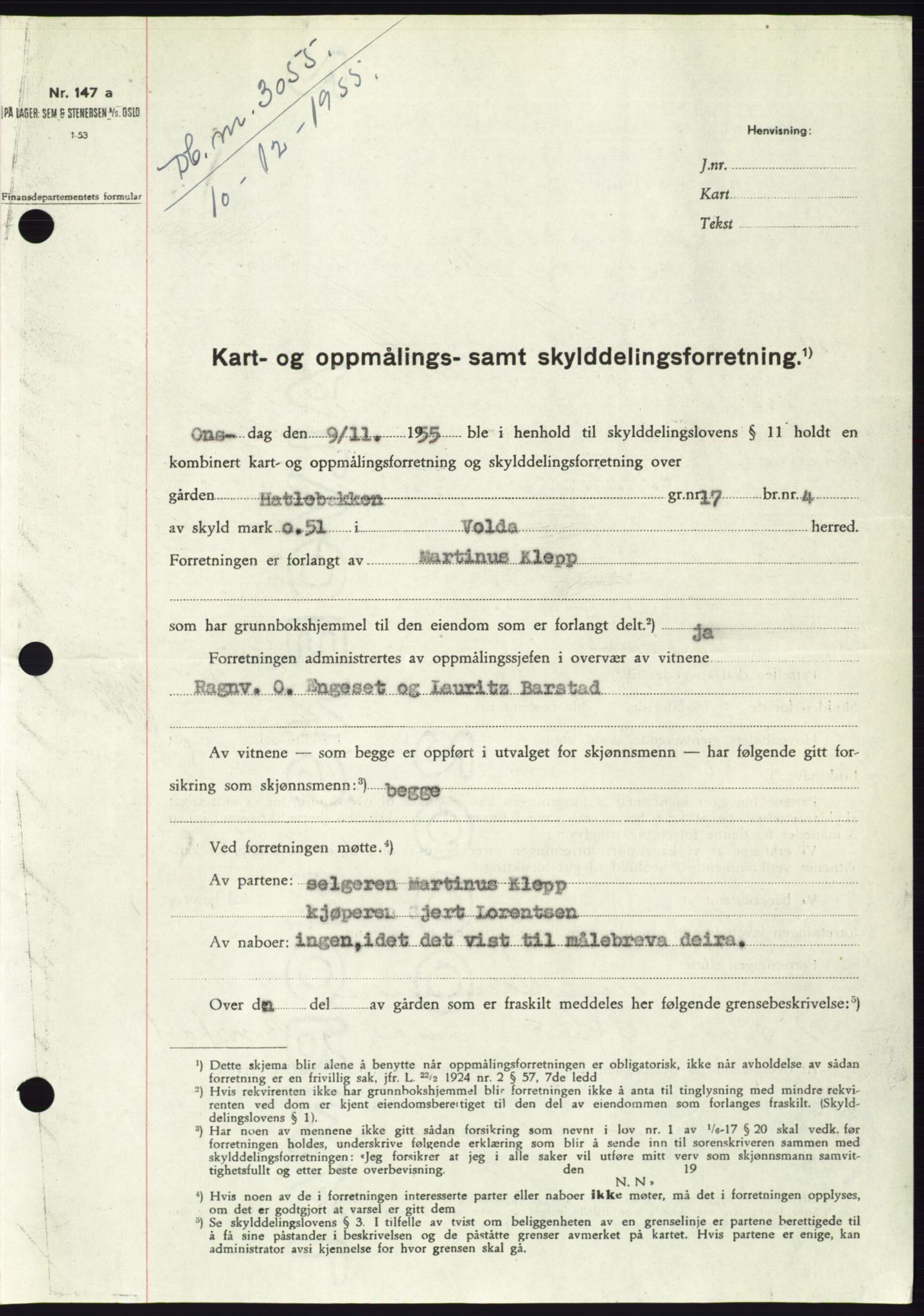 Søre Sunnmøre sorenskriveri, SAT/A-4122/1/2/2C/L0102: Pantebok nr. 28A, 1955-1956, Dagboknr: 3055/1955