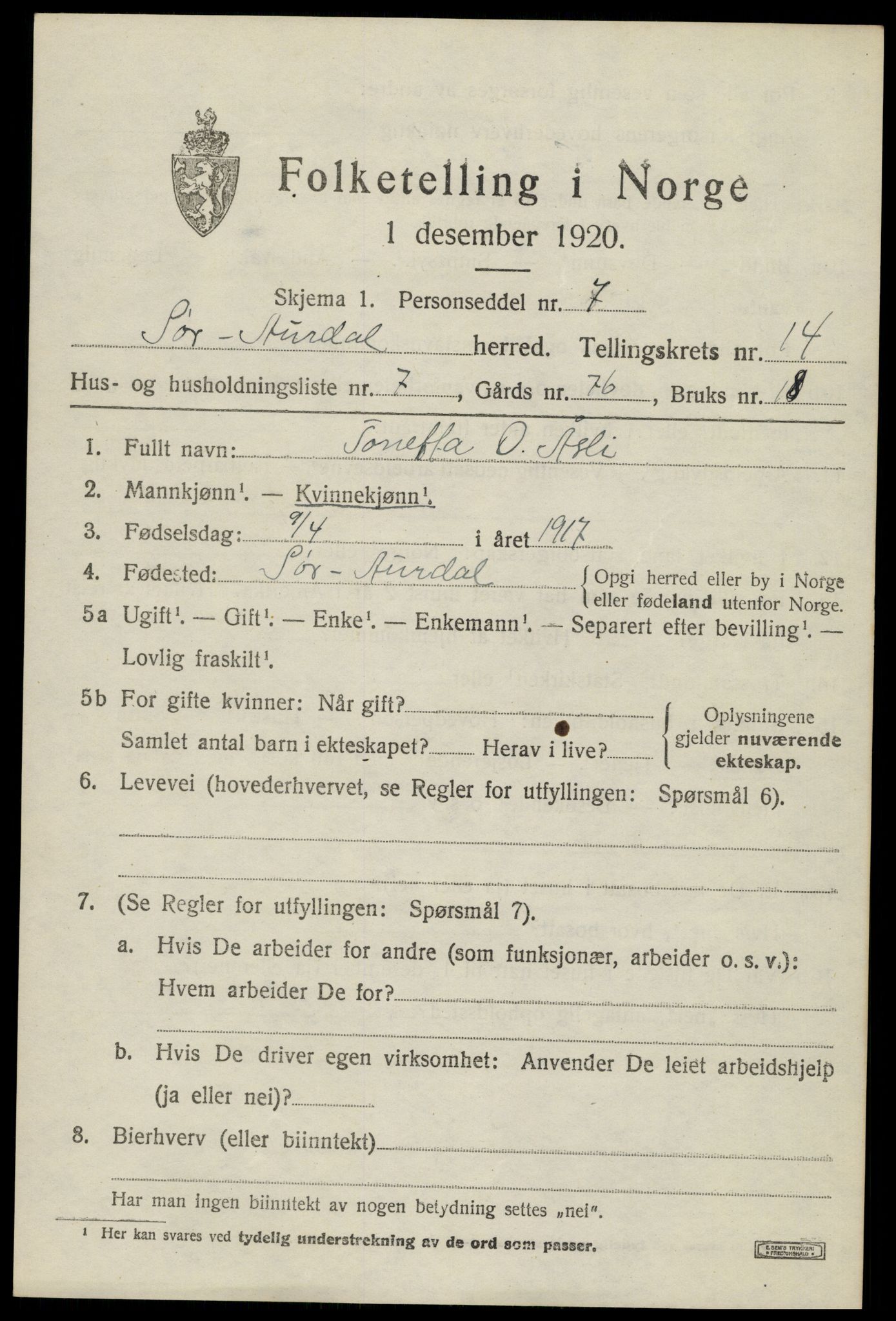 SAH, Folketelling 1920 for 0540 Sør-Aurdal herred, 1920, s. 8105