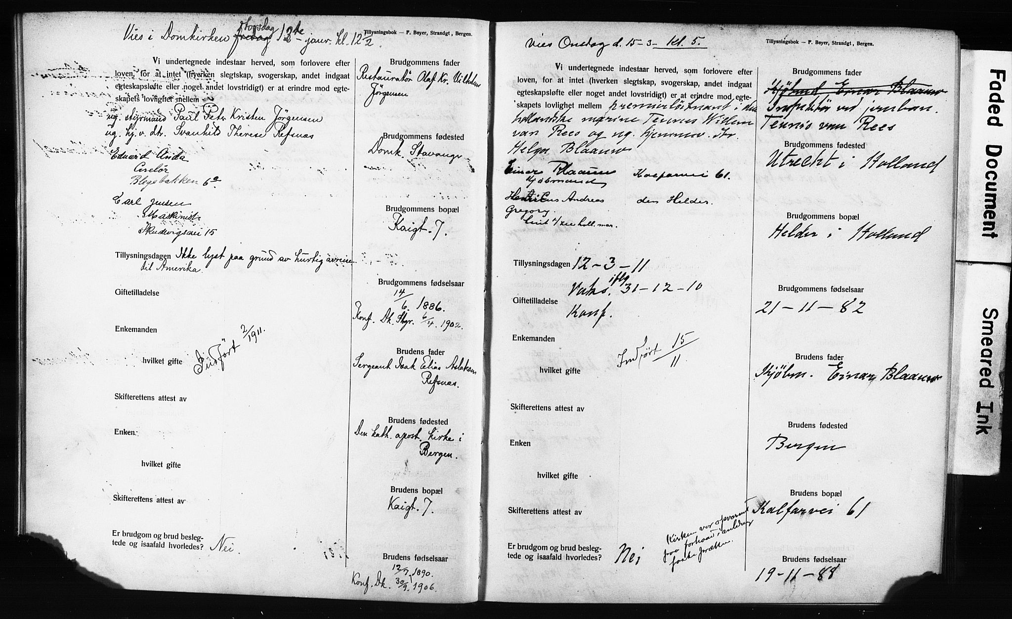 Domkirken sokneprestembete, SAB/A-74801: Forlovererklæringer nr. II.5.12, 1910-1917, s. 16