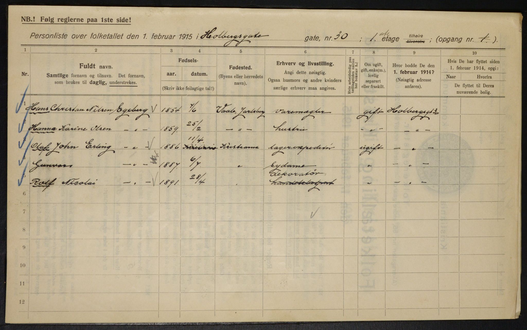 OBA, Kommunal folketelling 1.2.1915 for Kristiania, 1915, s. 40126