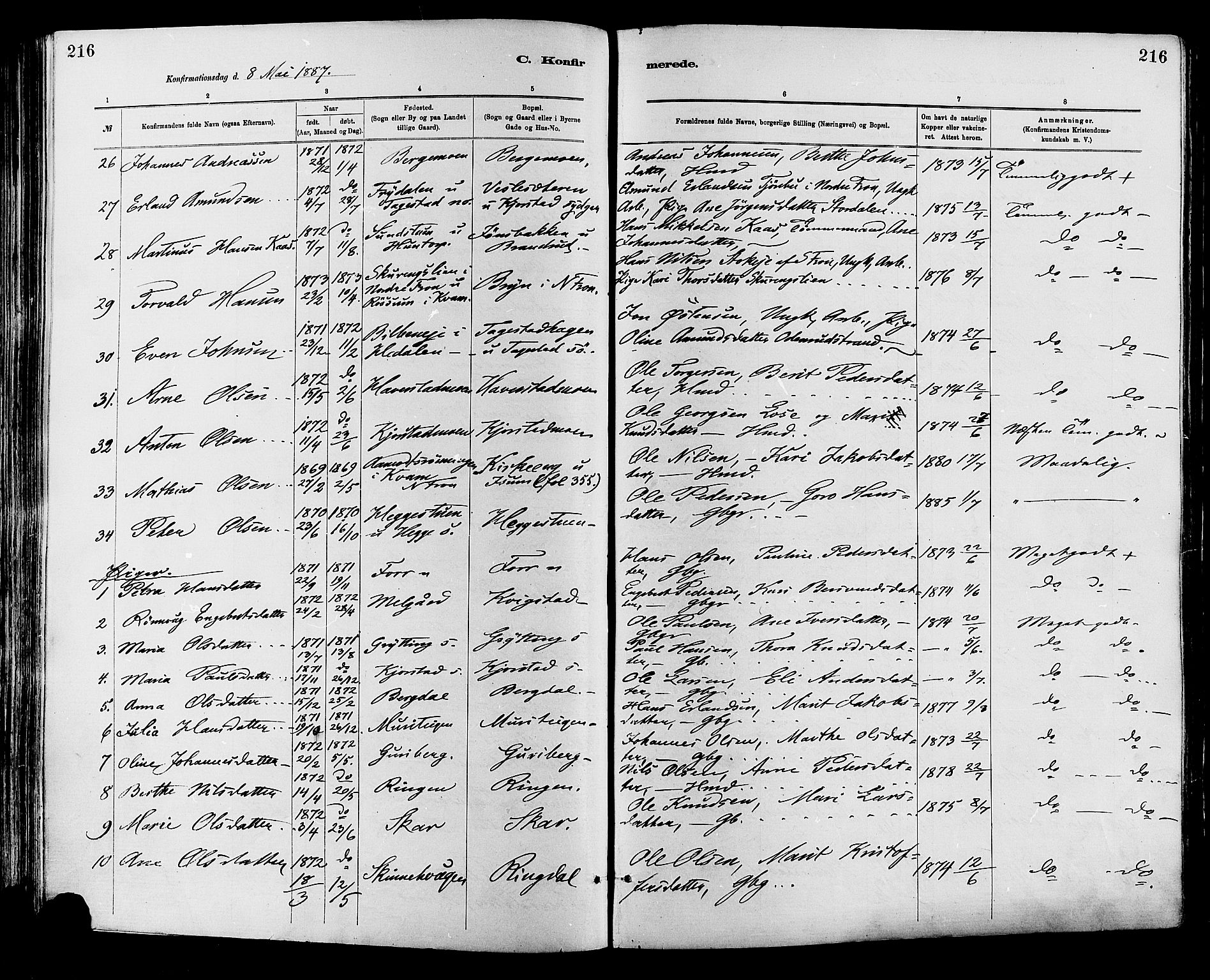 Sør-Fron prestekontor, AV/SAH-PREST-010/H/Ha/Haa/L0003: Ministerialbok nr. 3, 1881-1897, s. 216