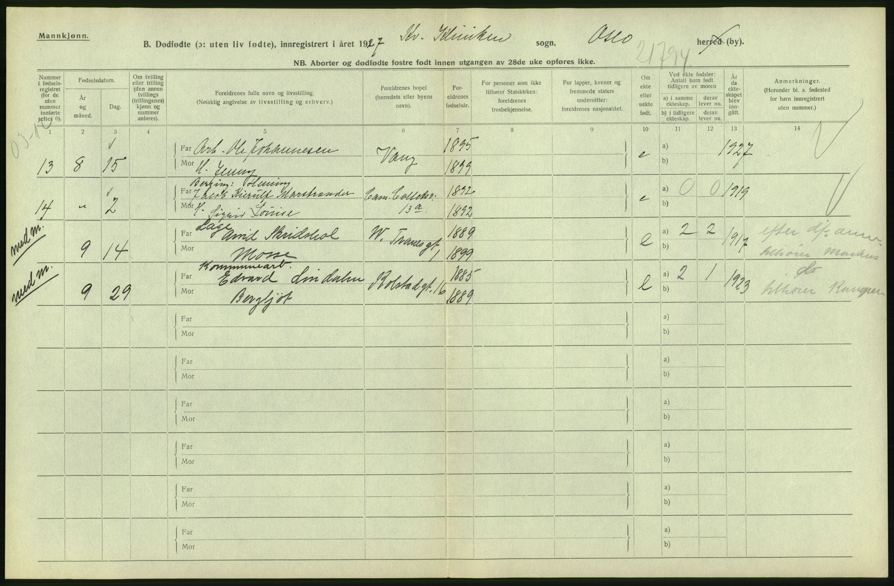 Statistisk sentralbyrå, Sosiodemografiske emner, Befolkning, AV/RA-S-2228/D/Df/Dfc/Dfcg/L0010: Oslo: Døde kvinner, dødfødte, 1927, s. 62