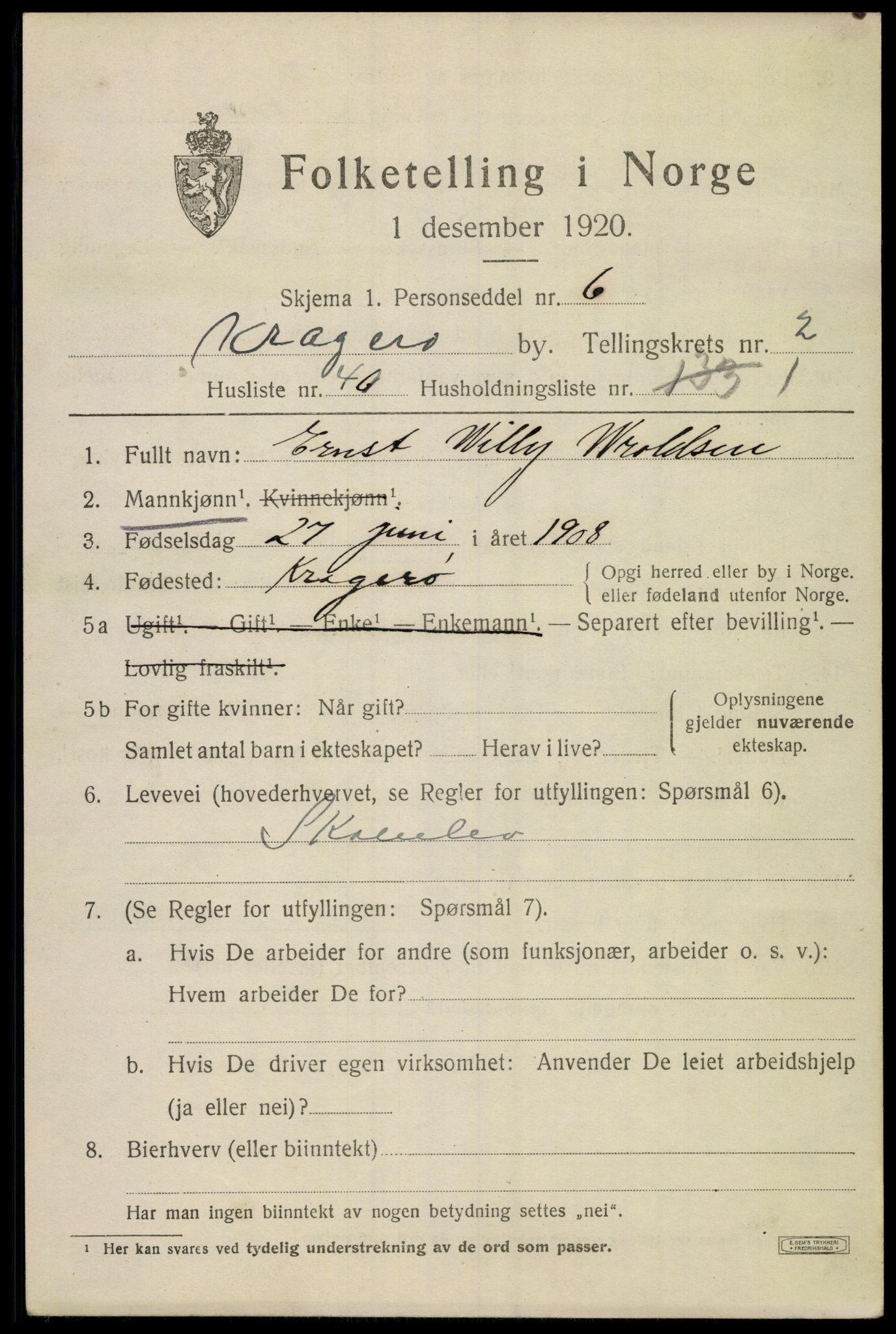SAKO, Folketelling 1920 for 0801 Kragerø kjøpstad, 1920, s. 5847