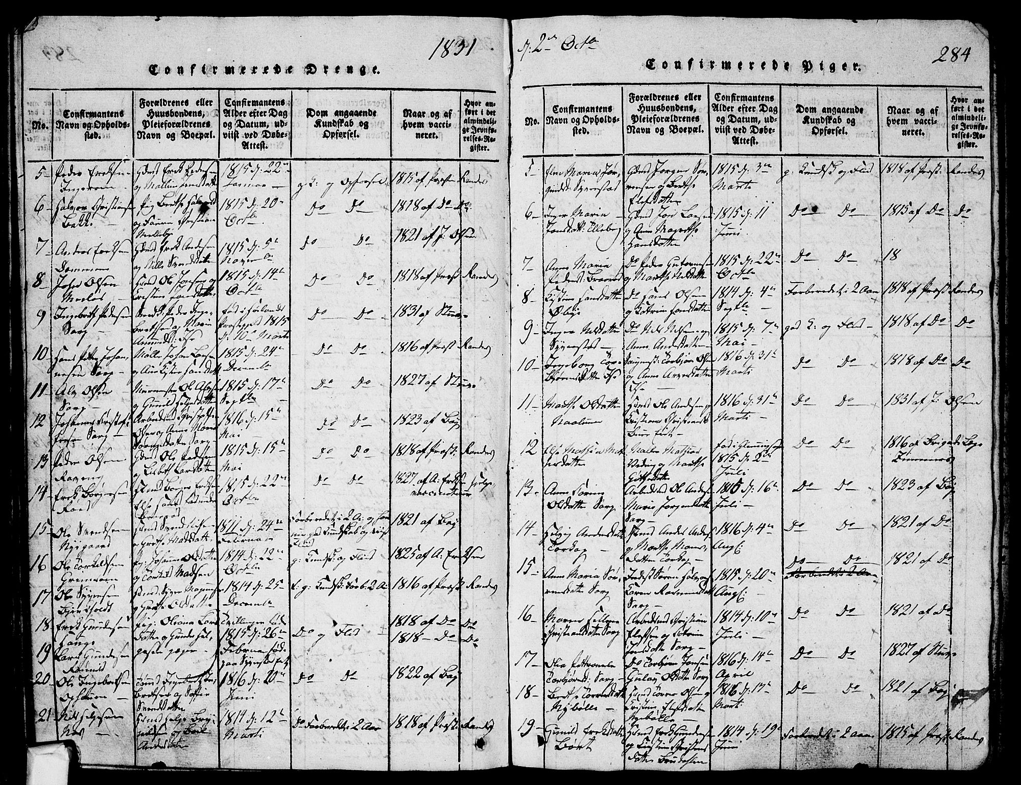 Skjeberg prestekontor Kirkebøker, SAO/A-10923/G/Ga/L0001: Klokkerbok nr. I 1, 1815-1830, s. 284