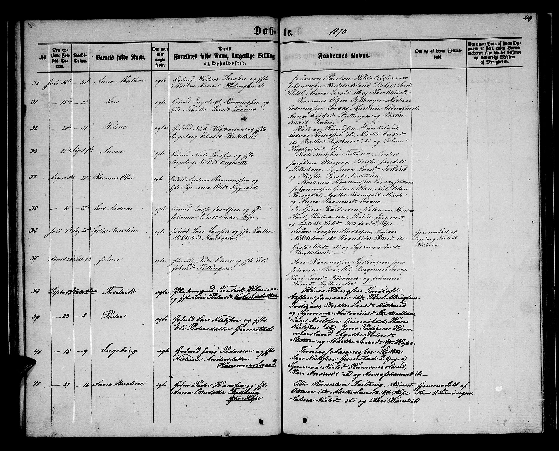 Birkeland Sokneprestembete, AV/SAB-A-74601/H/Hab: Klokkerbok nr. A 2, 1863-1876, s. 40