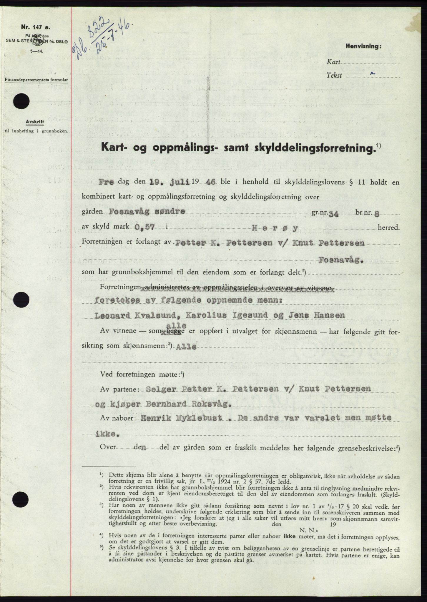 Søre Sunnmøre sorenskriveri, SAT/A-4122/1/2/2C/L0078: Pantebok nr. 4A, 1946-1946, Dagboknr: 822/1946
