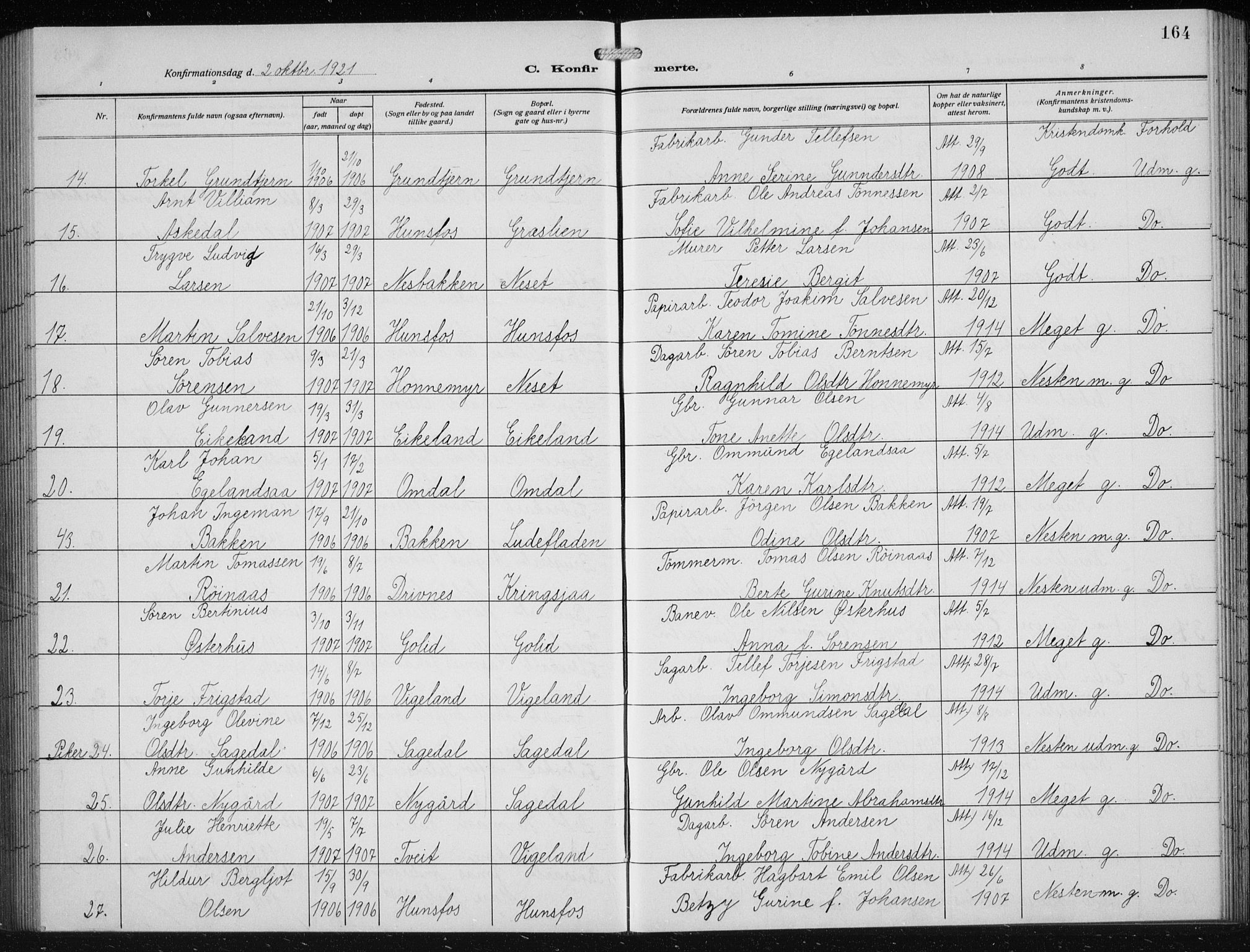 Vennesla sokneprestkontor, AV/SAK-1111-0045/Fb/Fbb/L0006: Klokkerbok nr. B 6, 1914-1921, s. 164