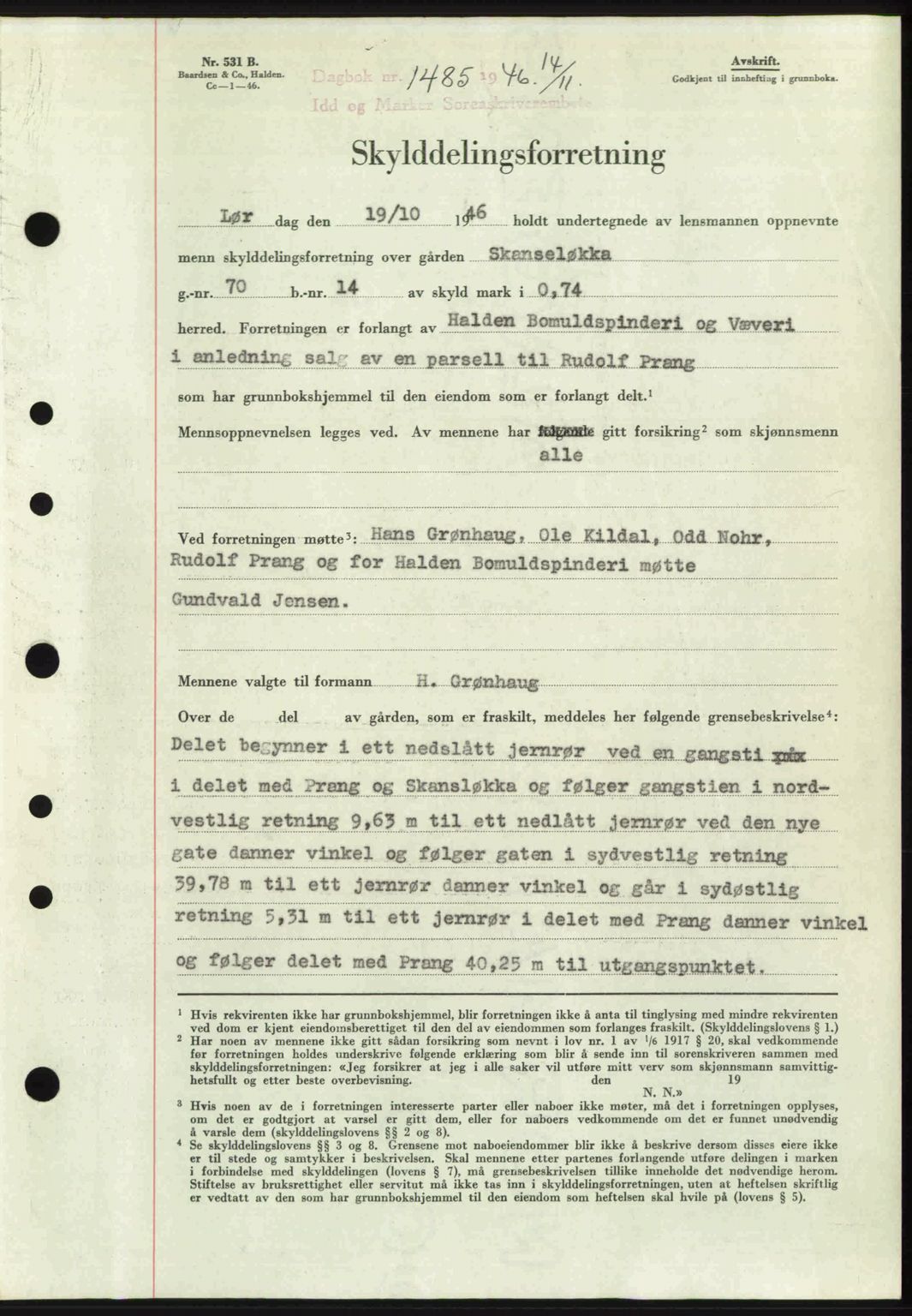 Idd og Marker sorenskriveri, SAO/A-10283/G/Gb/Gbb/L0008: Pantebok nr. A8, 1946-1946, Dagboknr: 1485/1946