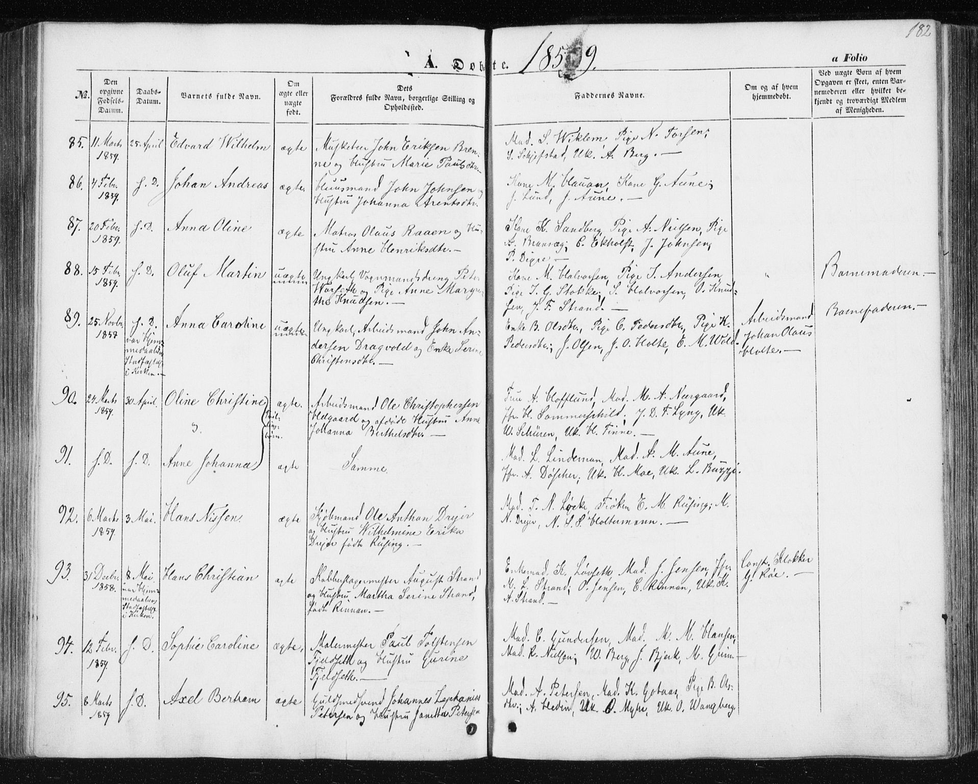 Ministerialprotokoller, klokkerbøker og fødselsregistre - Sør-Trøndelag, SAT/A-1456/602/L0112: Ministerialbok nr. 602A10, 1848-1859, s. 182