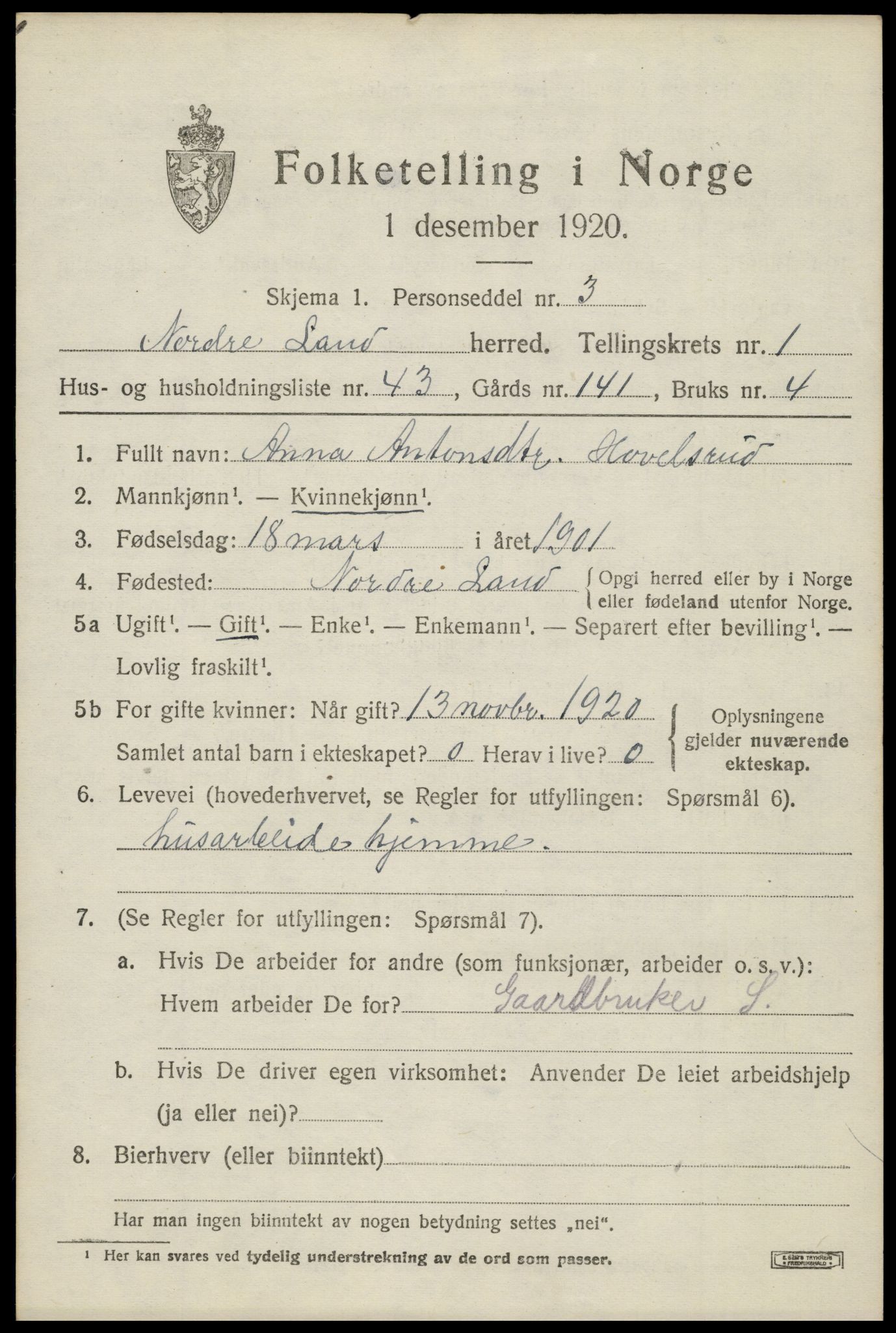 SAH, Folketelling 1920 for 0538 Nordre Land herred, 1920, s. 1590