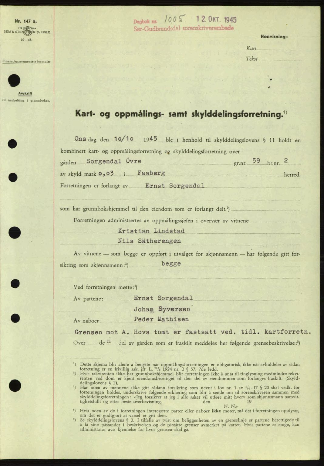 Sør-Gudbrandsdal tingrett, SAH/TING-004/H/Hb/Hbd/L0014: Pantebok nr. A14, 1944-1945, Dagboknr: 1005/1945